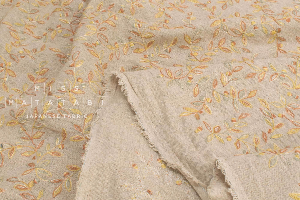 Japanese Fabric Shokunin Collection Yarn-Dyed Sun-Dried Kasuri Embroidered Linen Blend - soft yellow -  50cm