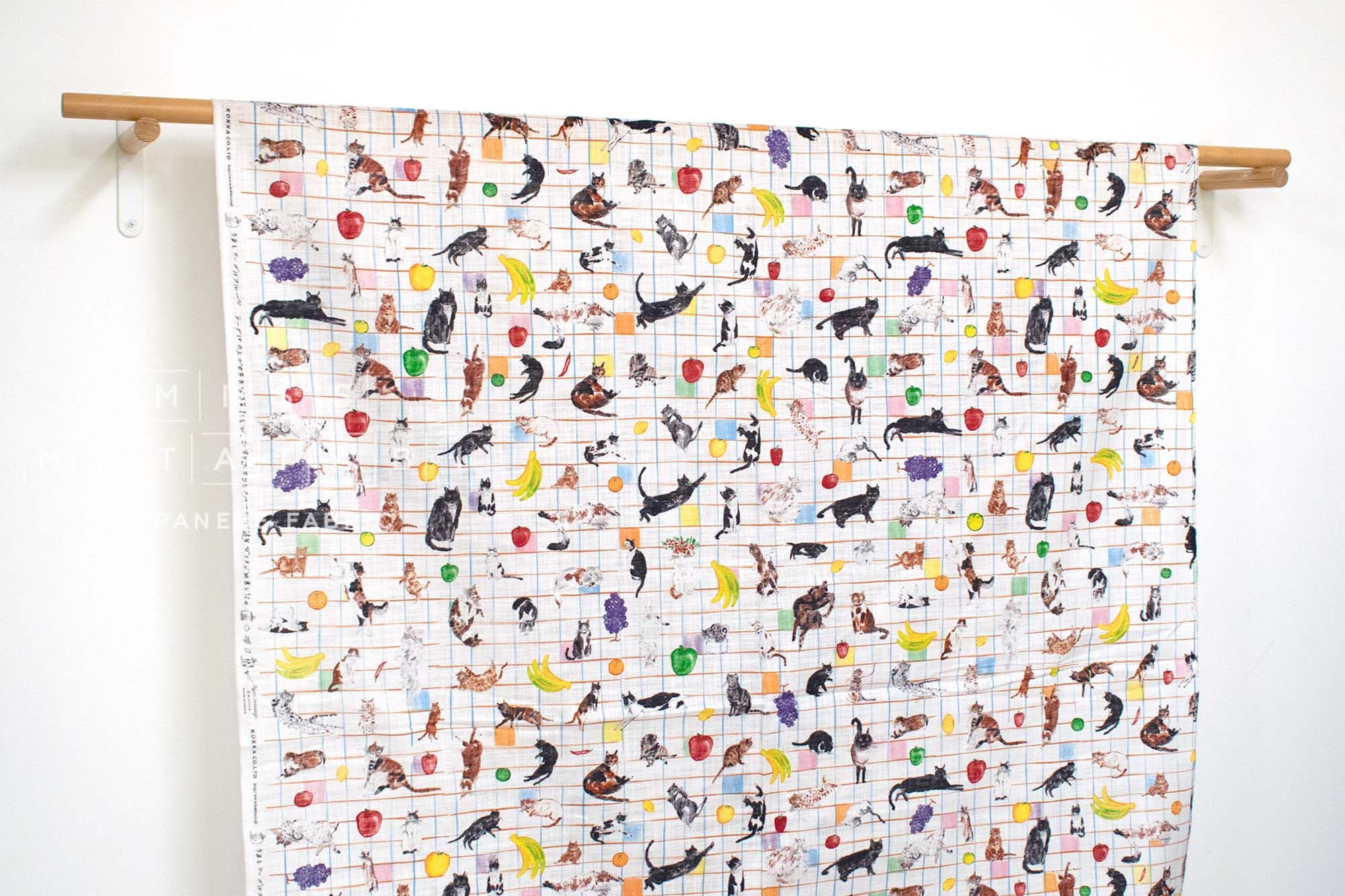 Japanese Fabric Kokka Paper Message Cats and Table Fruit - 50cm