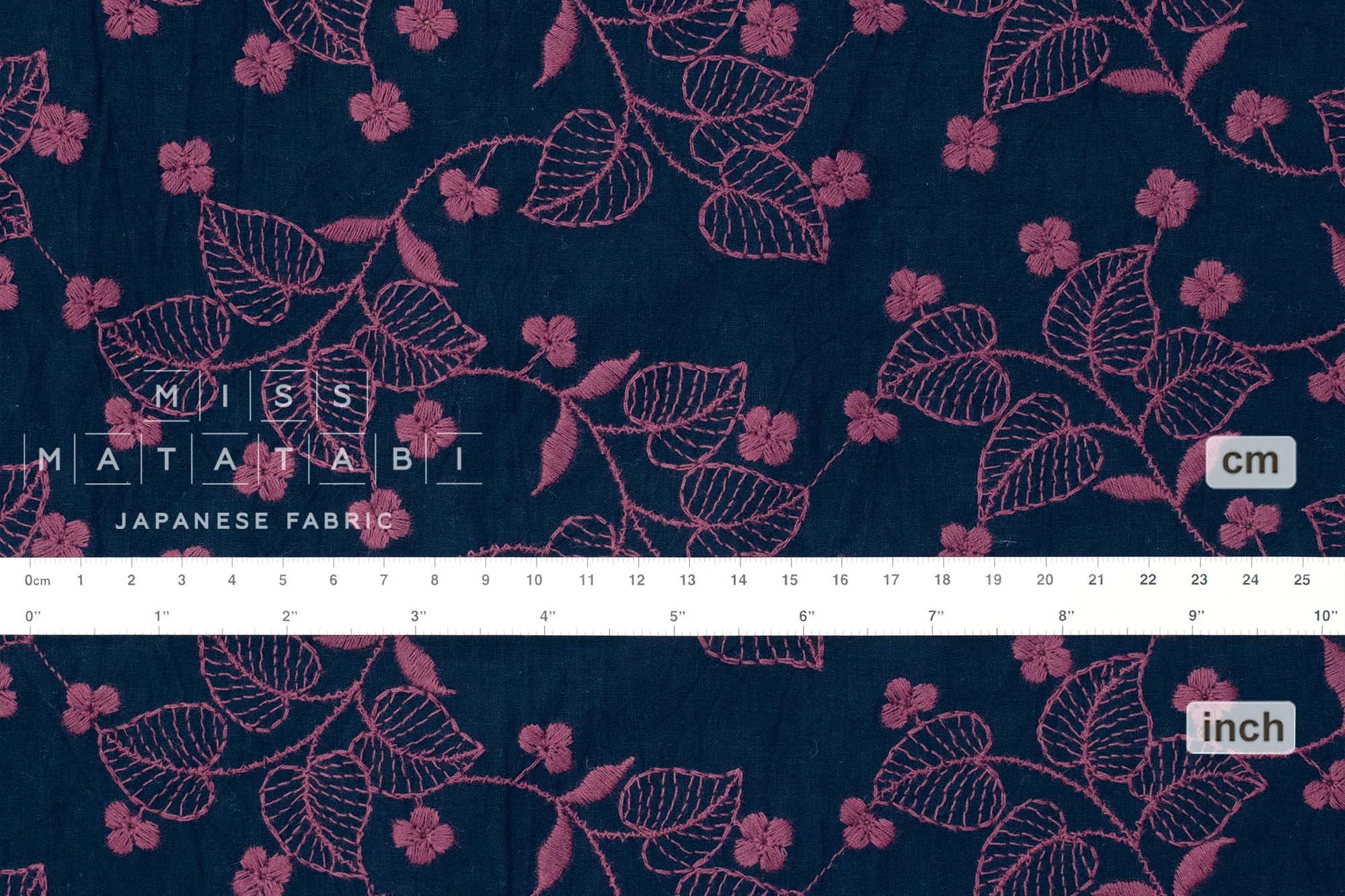 Japanese Fabric Shokunin Collection Sun-Dried Embroidered Vines Cotton Batiste - navy blue - 50cm