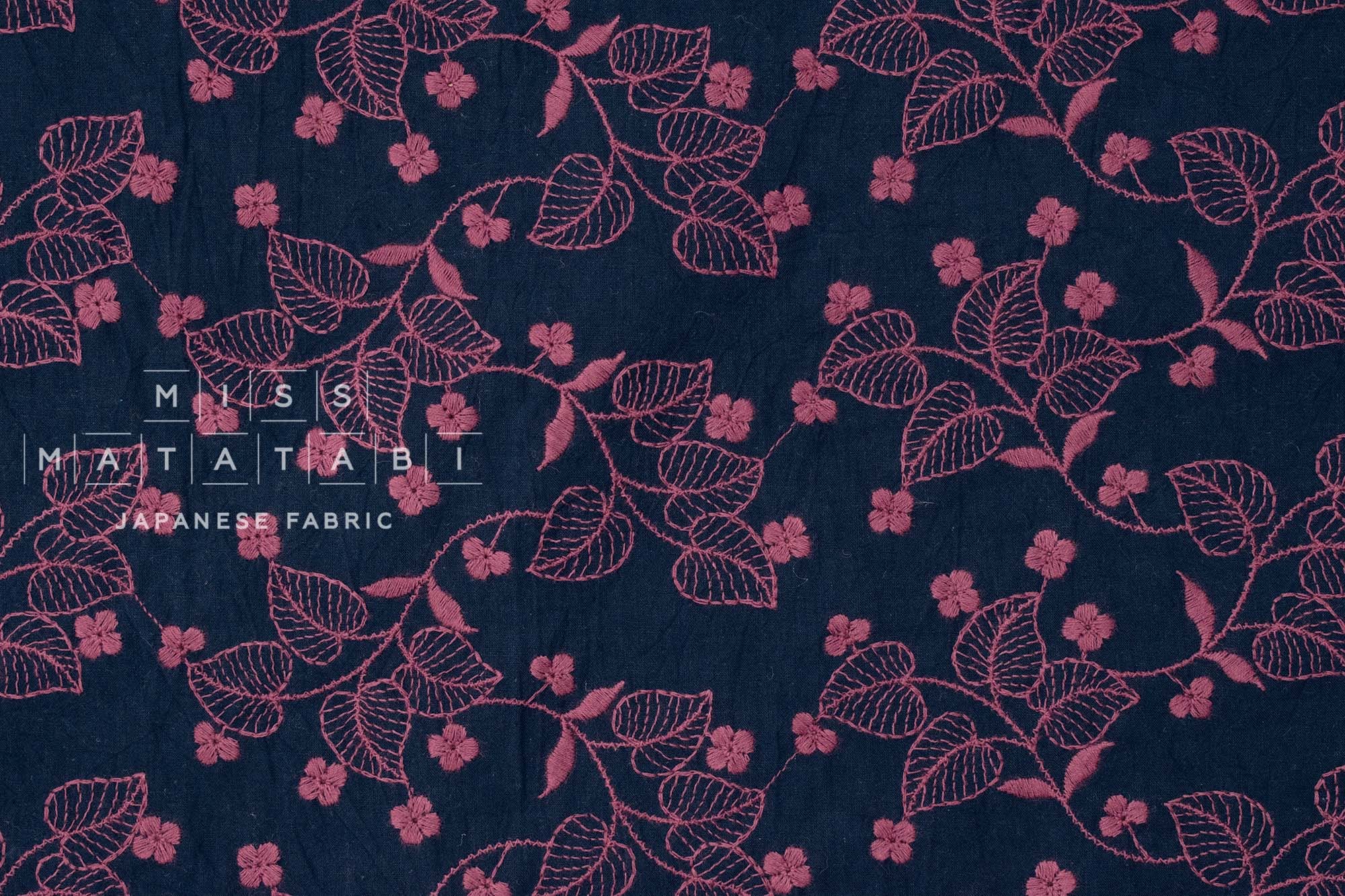 Japanese Fabric Shokunin Collection Sun-Dried Embroidered Vines Cotton Batiste - navy blue - 50cm