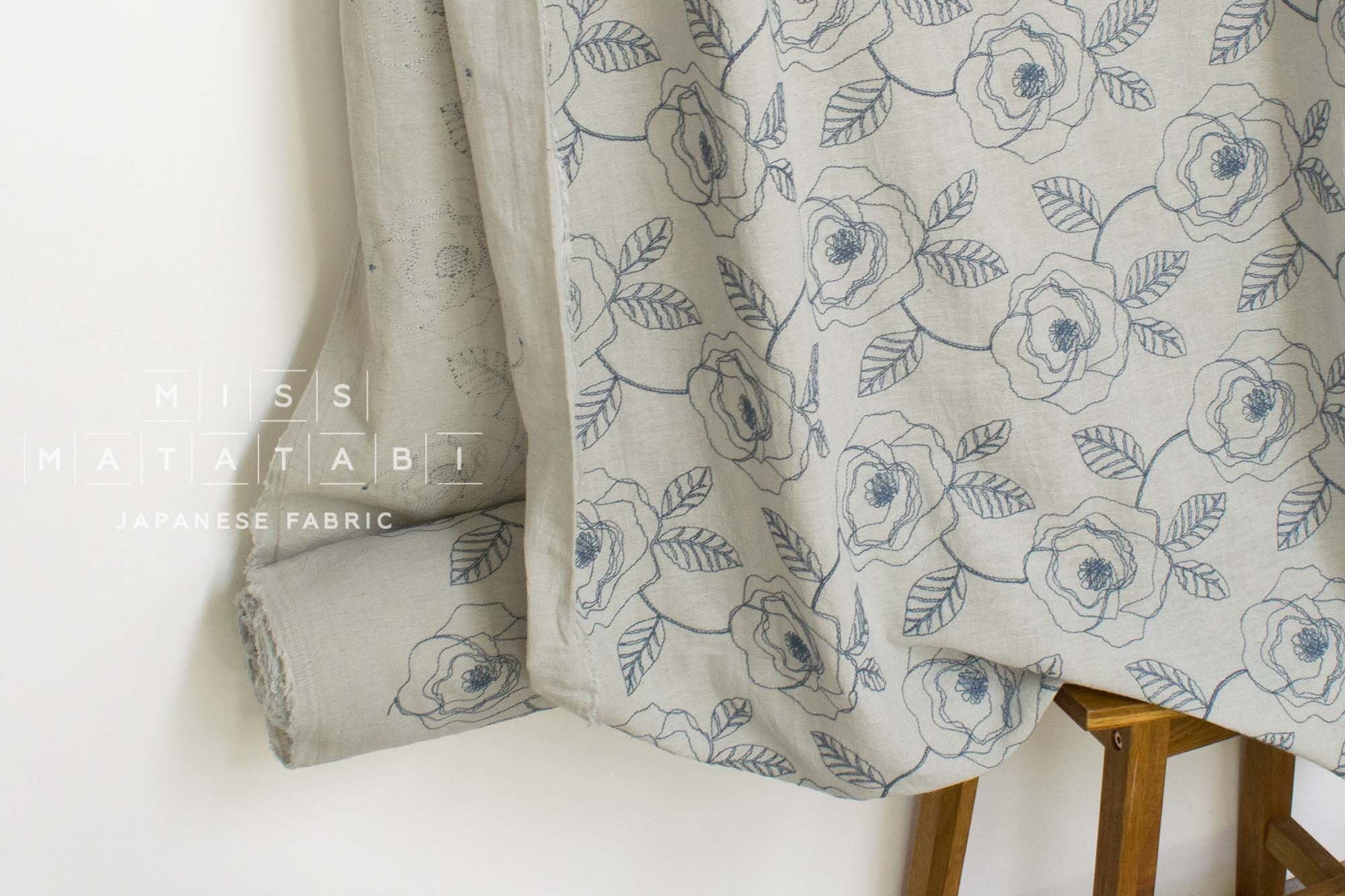 Japanese Fabric Shokunin Collection Yarn-Dyed Embroidered Linen Blend Voile - grey - 50cm