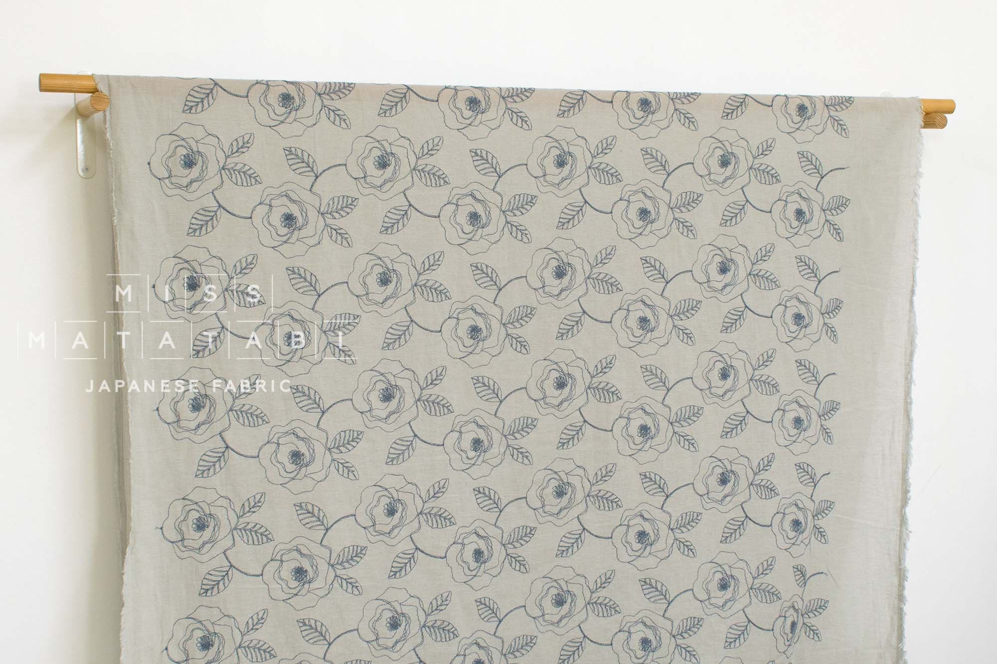 Japanese Fabric Shokunin Collection Yarn-Dyed Embroidered Linen Blend Voile - grey - 50cm