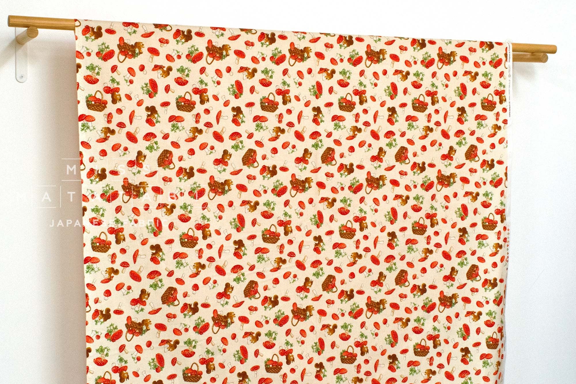 Japanese Fabric Squirrels Collecting Mushrooms - cream - 50cm
