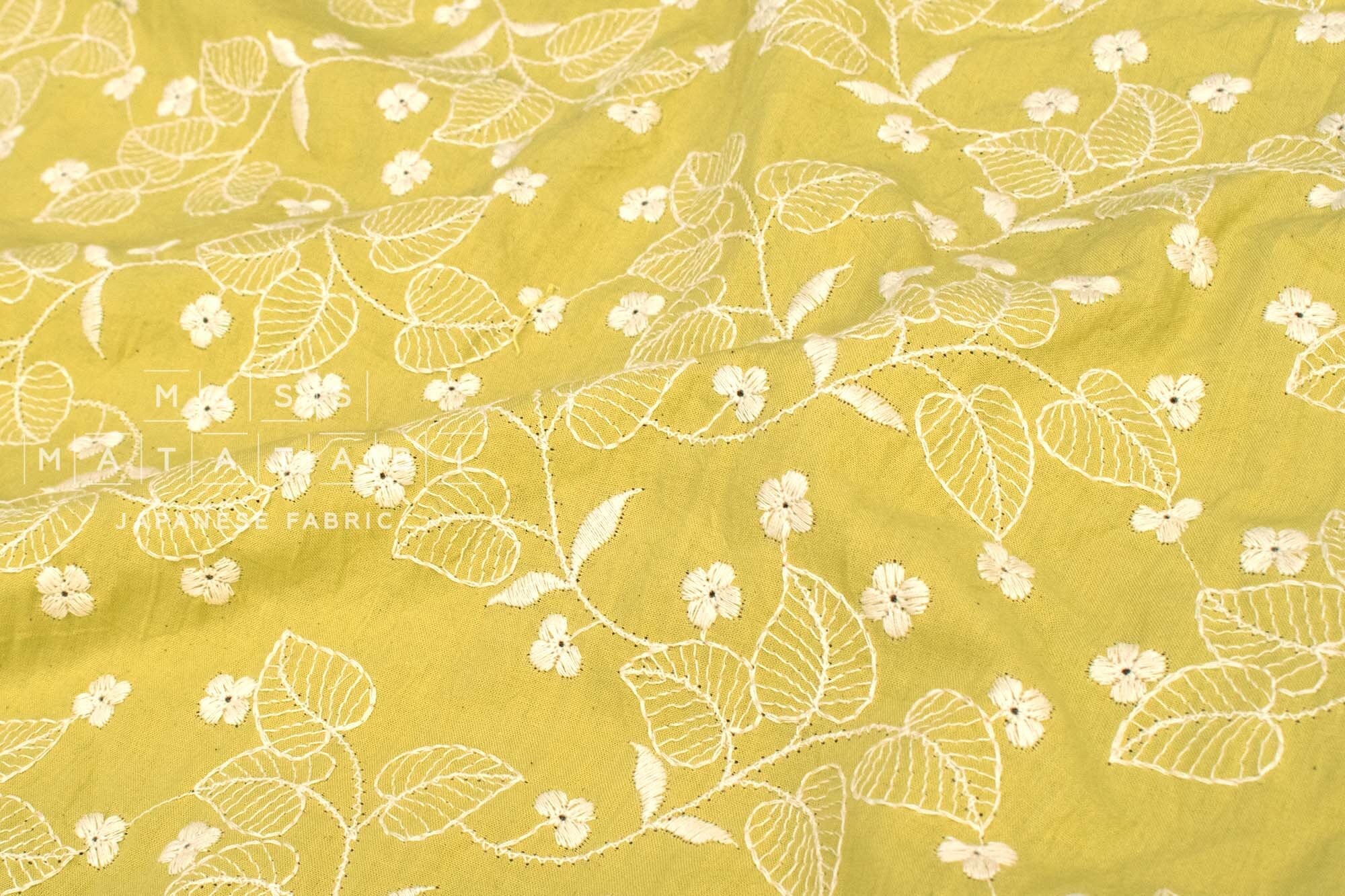 Japanese Fabric Shokunin Collection Sun-Dried Embroidered Vines Cotton Batiste - bright pistachio - 50cm