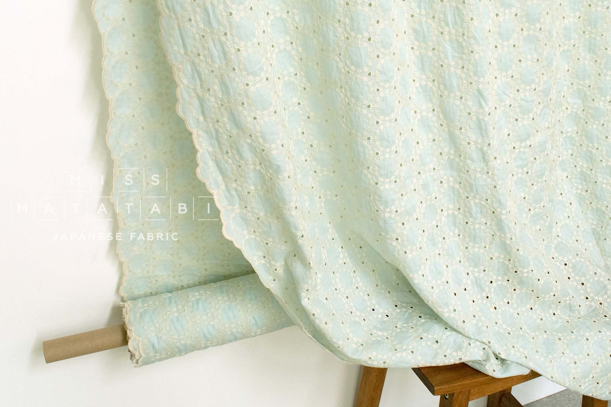 Japanese Fabric Embroidered Scallop Selvedge Broderie Anglaise - light aqua - 50cm