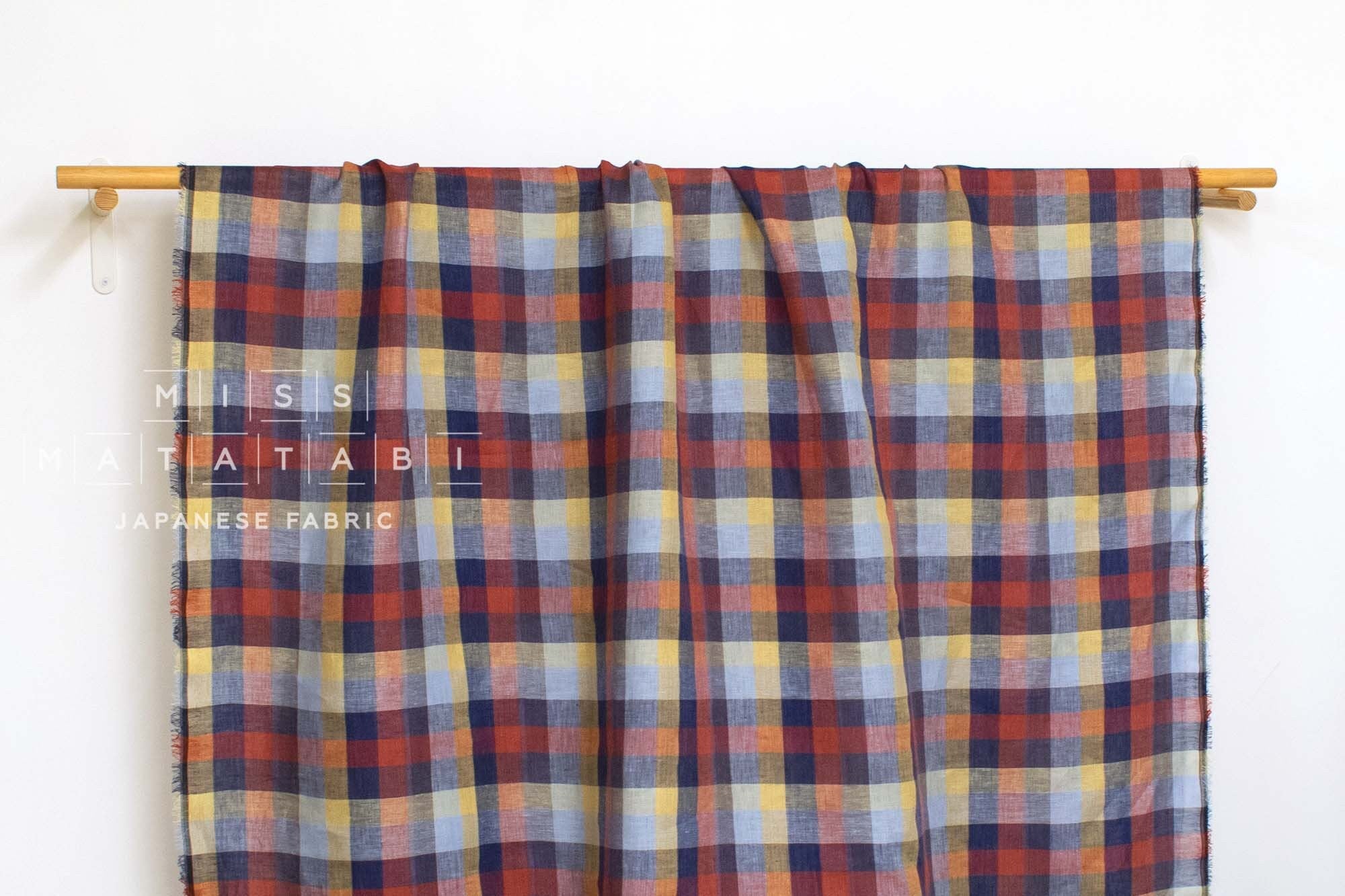 DEADSTOCK Japanese Fabric 100% Linen Check Plaid - 37 -  50cm