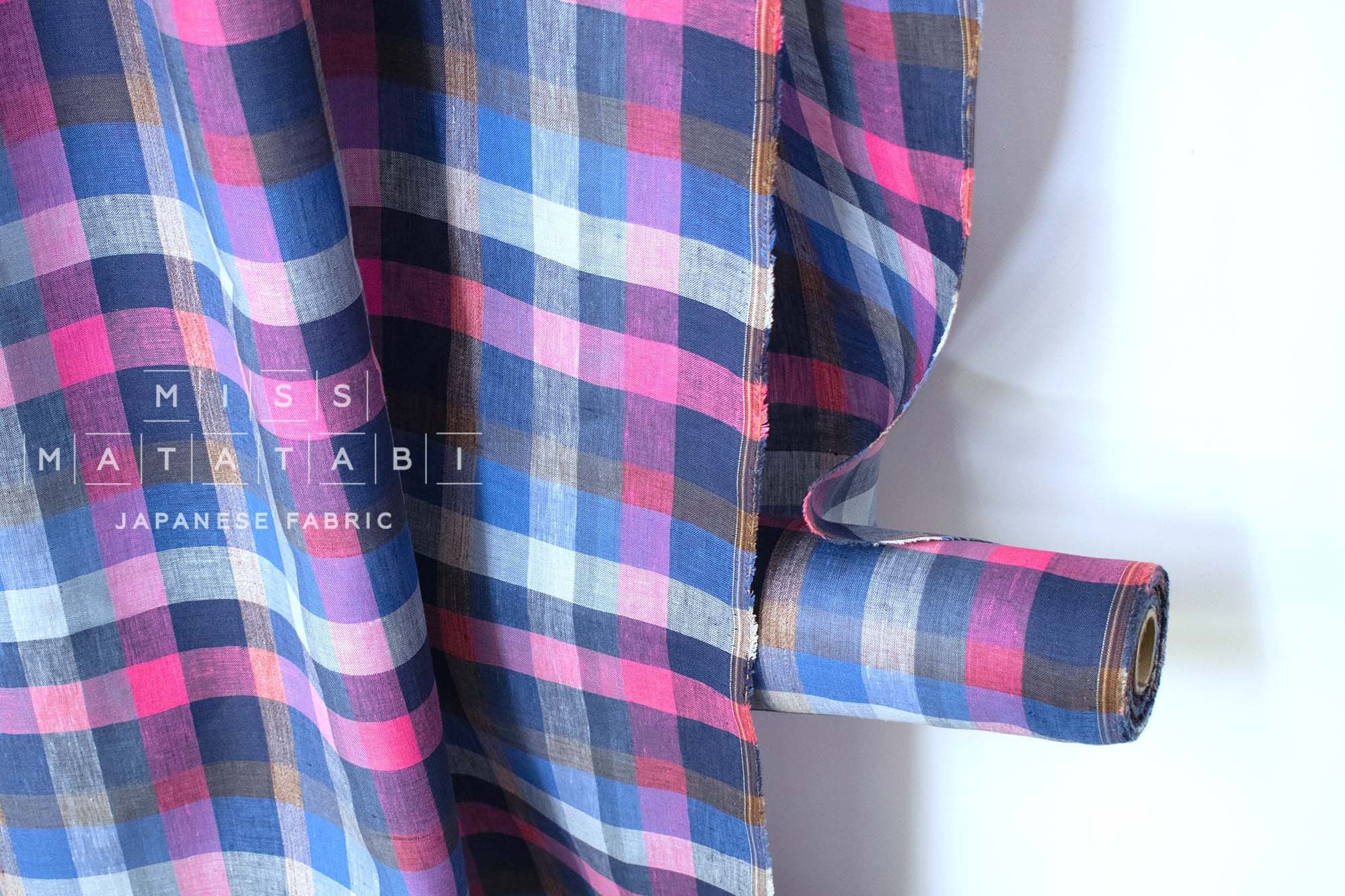 DEADSTOCK Japanese Fabric 100% Linen Check Plaid - 5 -  50cm
