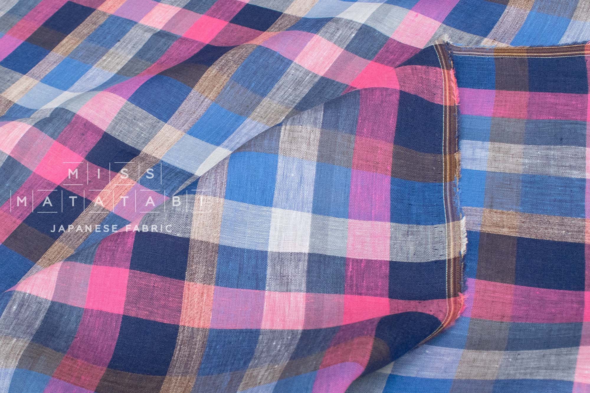 DEADSTOCK Japanese Fabric 100% Linen Check Plaid - 5 -  50cm