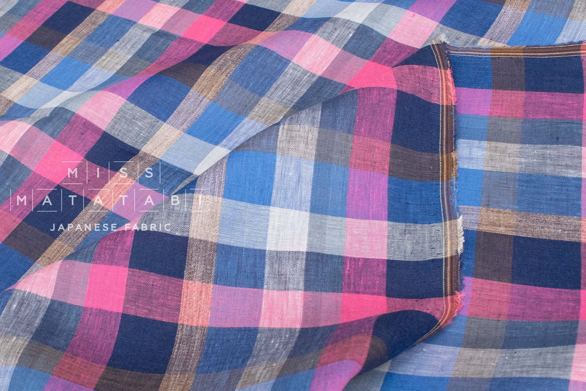 DEADSTOCK Japanese Fabric 100% Linen Check Plaid - 5 -  50cm