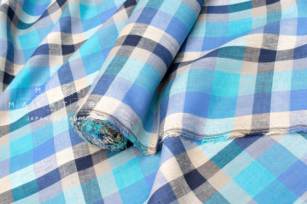 DEADSTOCK Japanese Fabric 100% Linen Check Plaid - 9 -  50cm