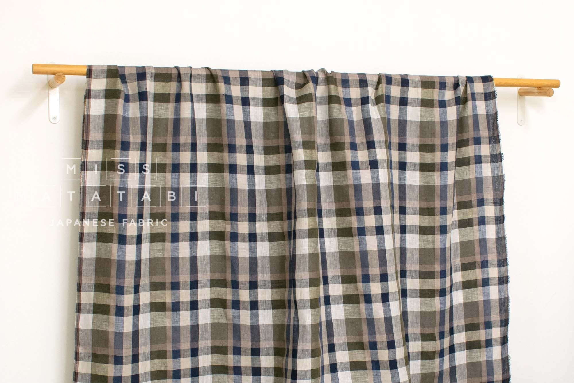 DEADSTOCK Japanese Fabric 100% Linen Check Plaid - 12 -  50cm