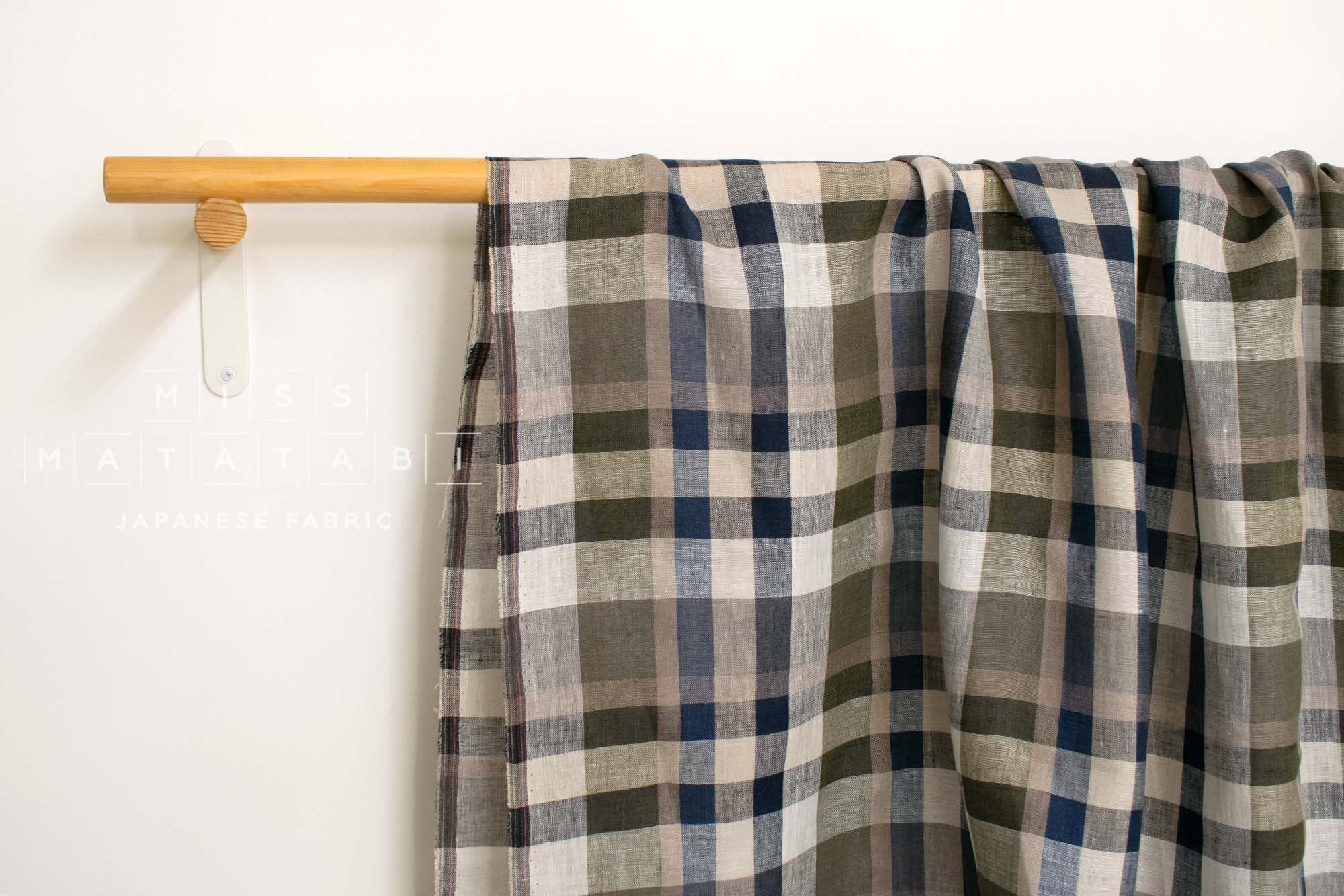 DEADSTOCK Japanese Fabric 100% Linen Check Plaid - 12 -  50cm
