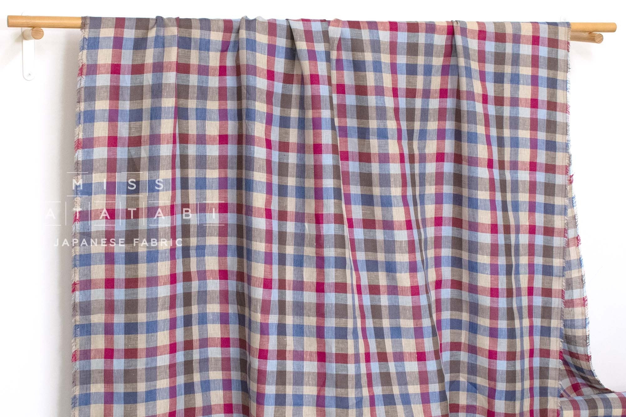 DEADSTOCK Japanese Fabric 100% Linen Check Plaid - 33 -  50cm