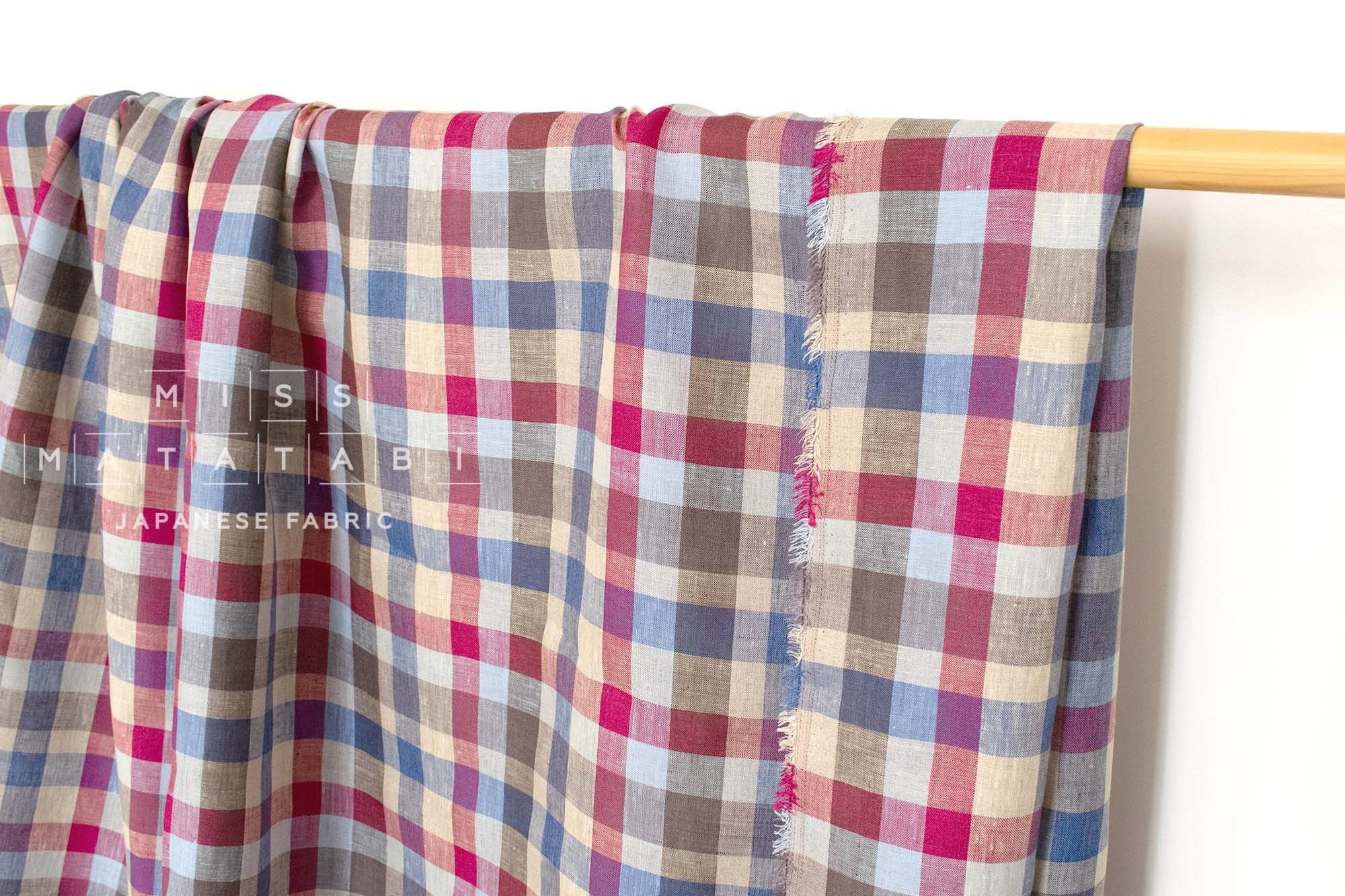 DEADSTOCK Japanese Fabric 100% Linen Check Plaid - 33 -  50cm