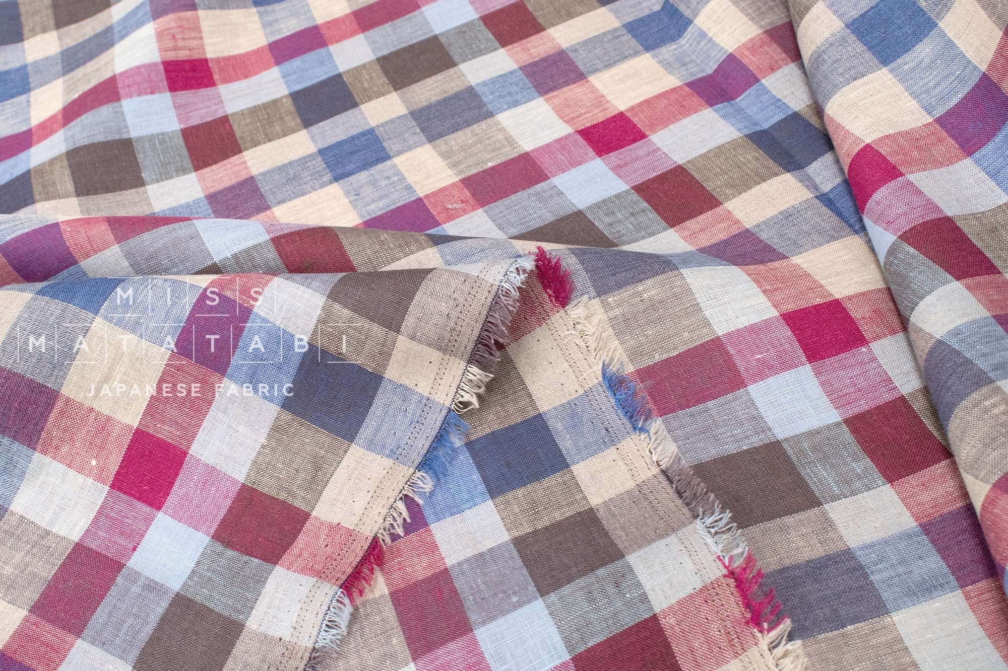 DEADSTOCK Japanese Fabric 100% Linen Check Plaid - 33 -  50cm