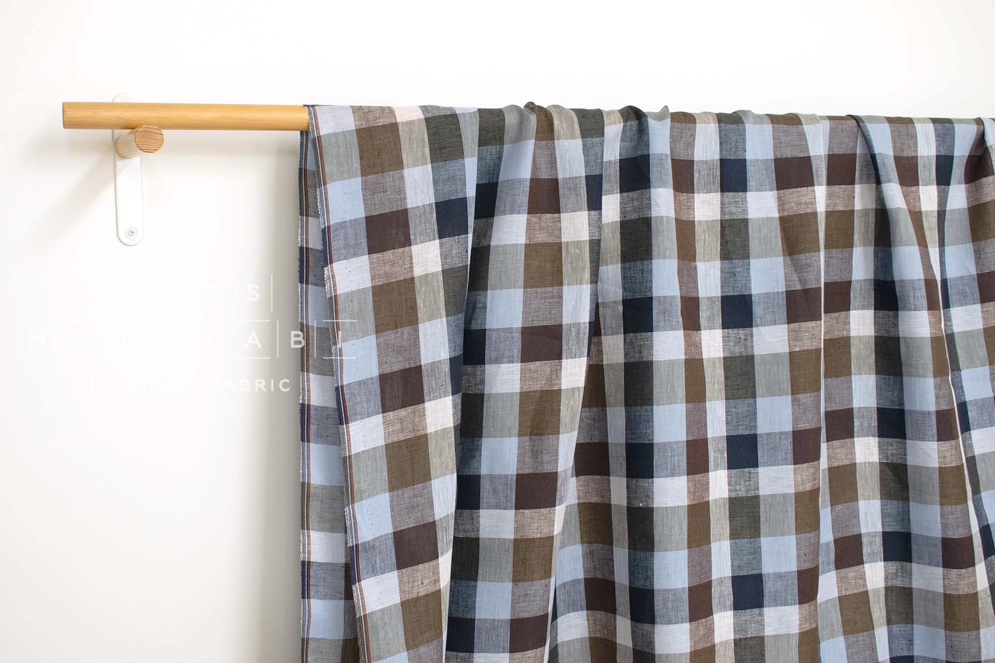 DEADSTOCK Japanese Fabric 100% Linen Check Plaid - 34 -  50cm