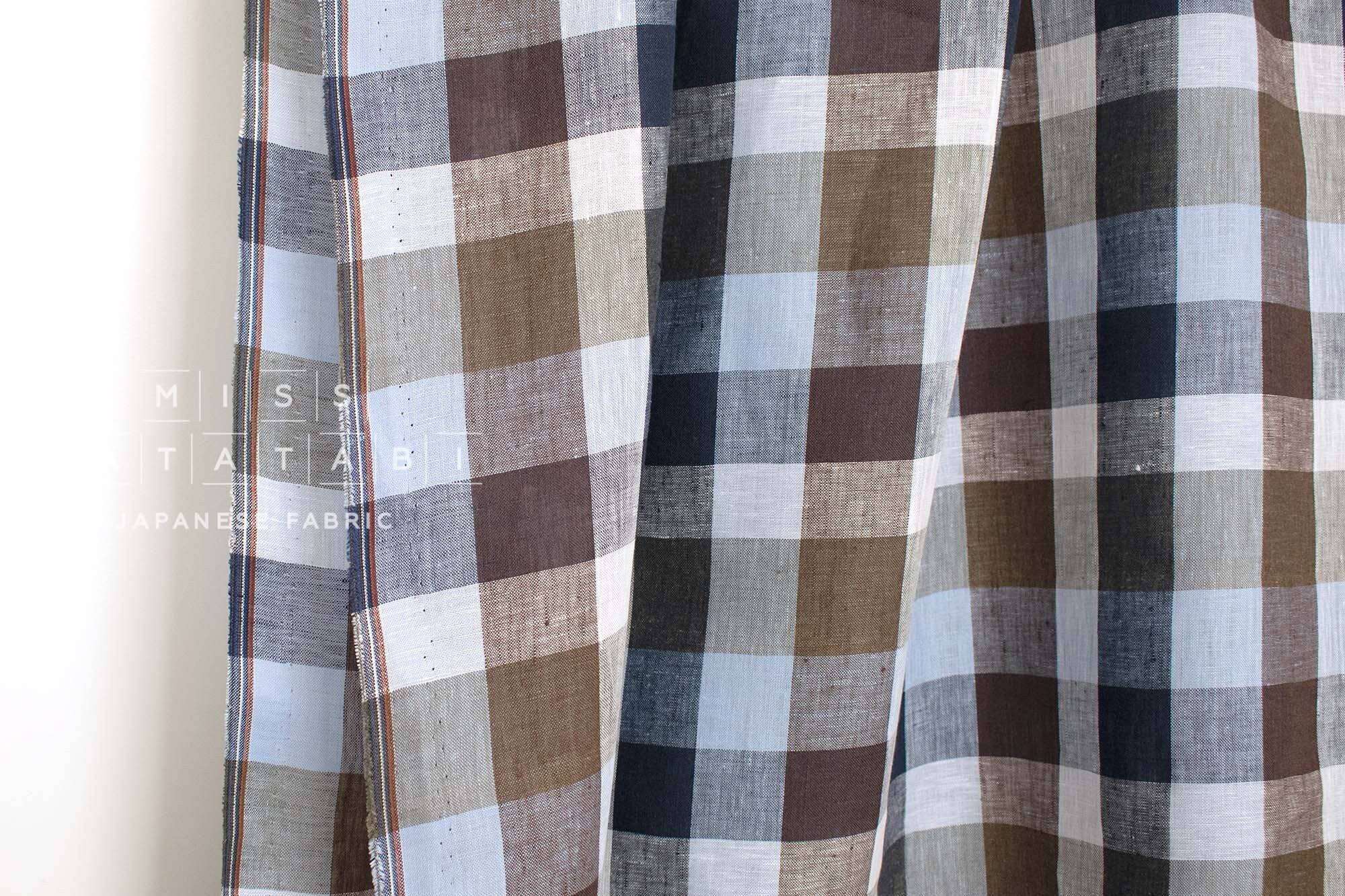 DEADSTOCK Japanese Fabric 100% Linen Check Plaid - 34 -  50cm