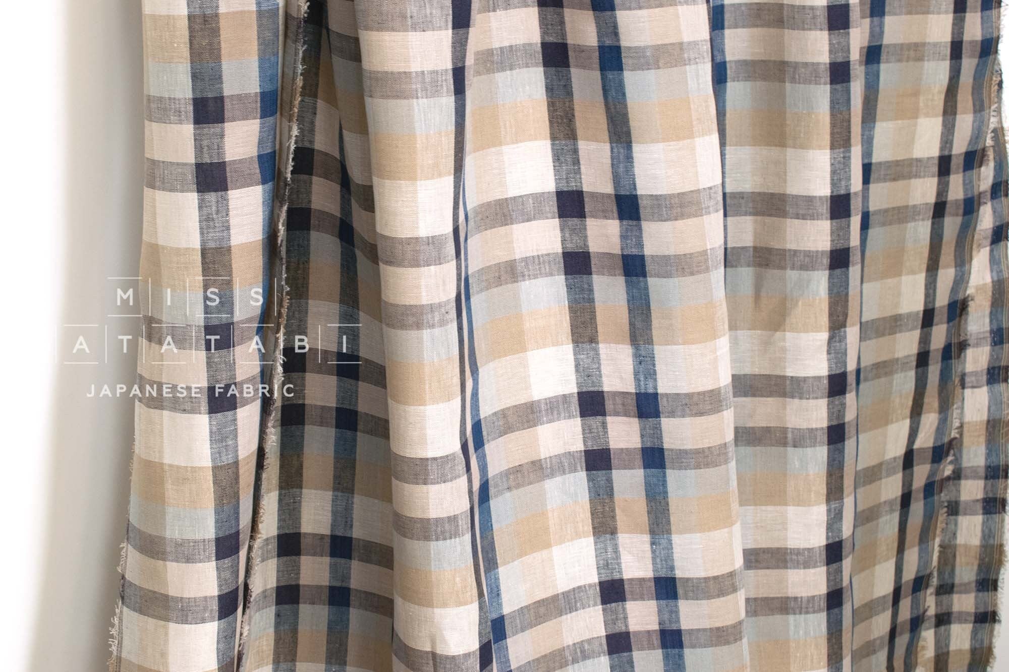 DEADSTOCK Japanese Fabric 100% Linen Check Plaid - 10 -  50cm