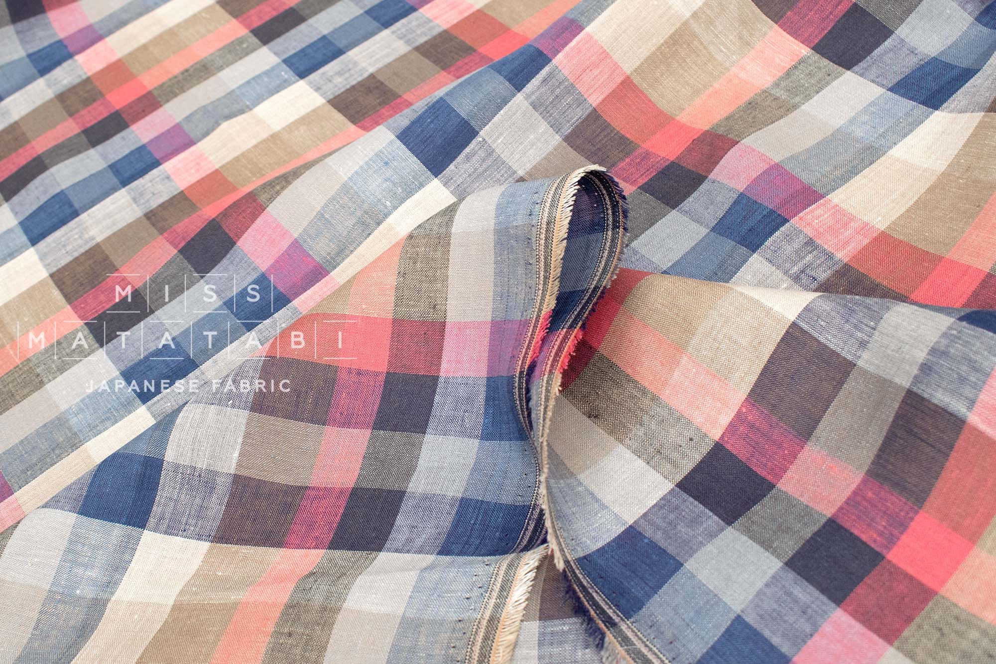 DEADSTOCK Japanese Fabric 100% Linen Check Plaid - 32 -  50cm