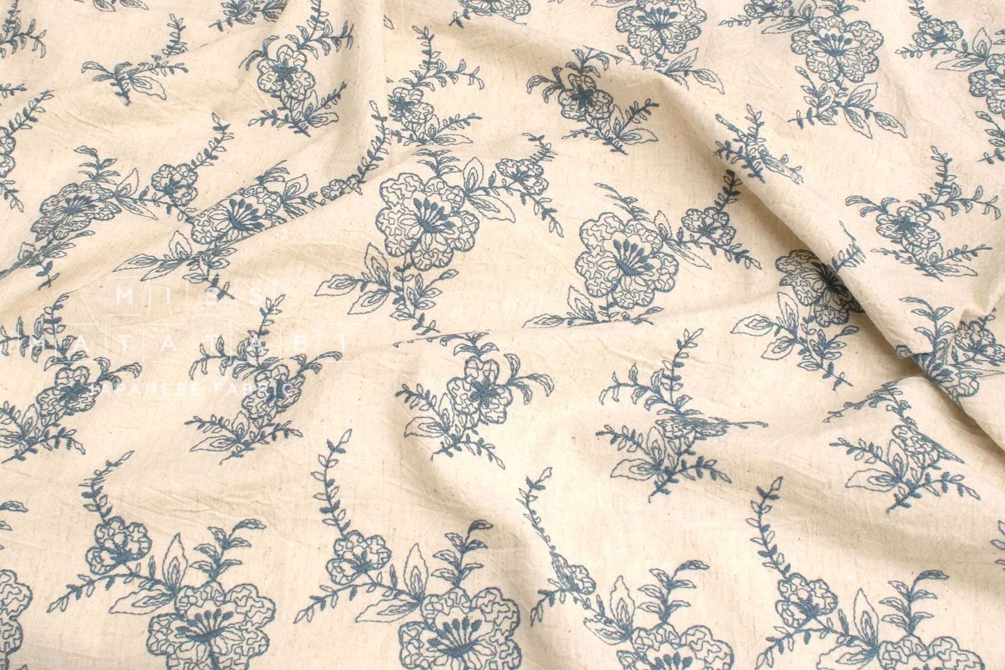 Japanese Fabric Shokunin Collection Yarn-Dyed Embroidered Linen Blend - cream - 50cm