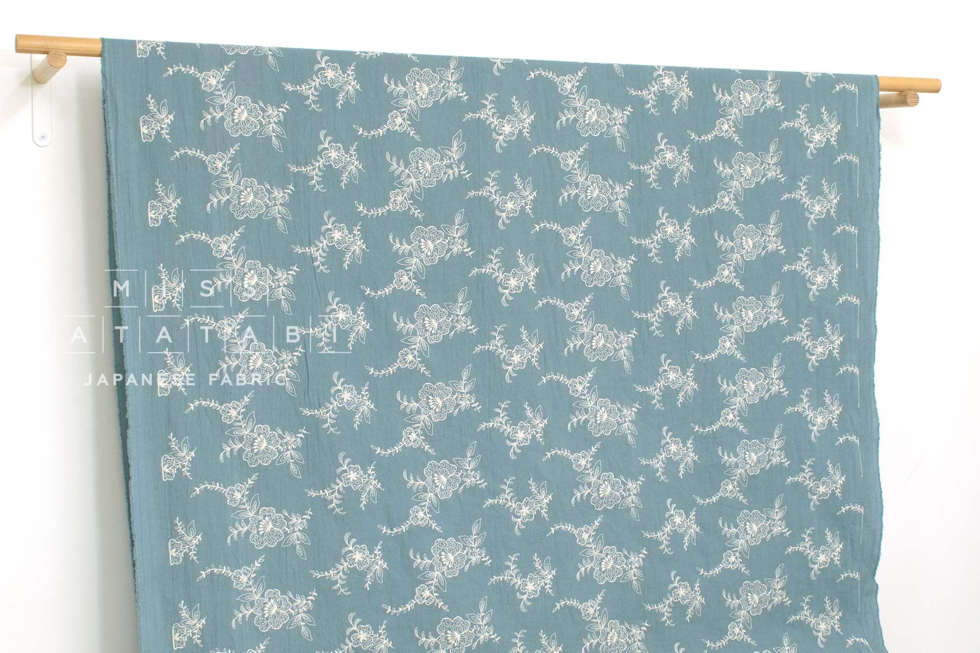 Japanese Fabric Shokunin Collection Yarn-Dyed Embroidered Linen Blend - blue - 50cm