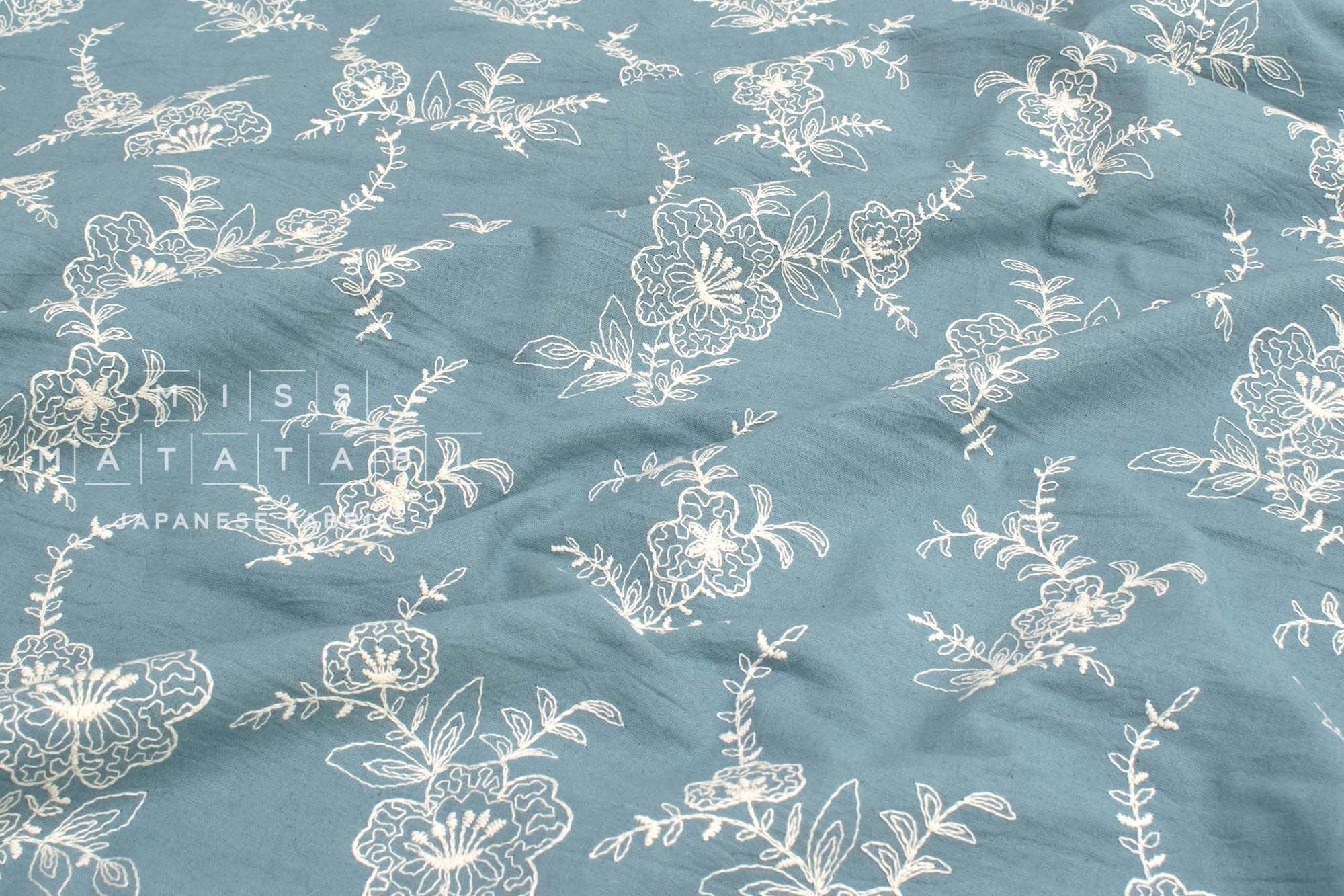 Japanese Fabric Shokunin Collection Yarn-Dyed Embroidered Linen Blend - blue - 50cm