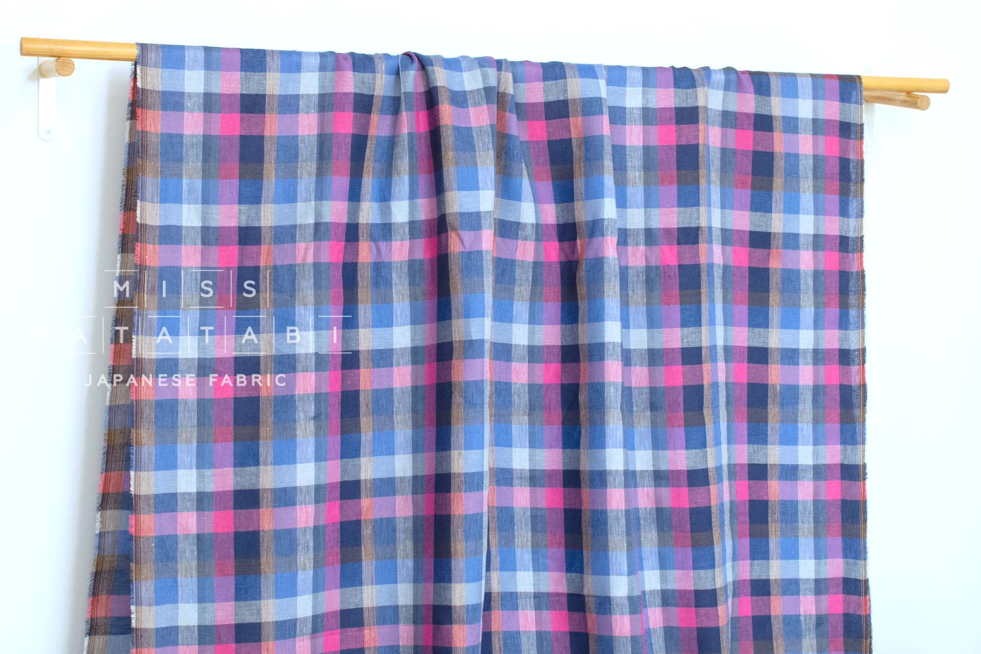 DEADSTOCK Japanese Fabric 100% Linen Check Plaid - 5 -  50cm