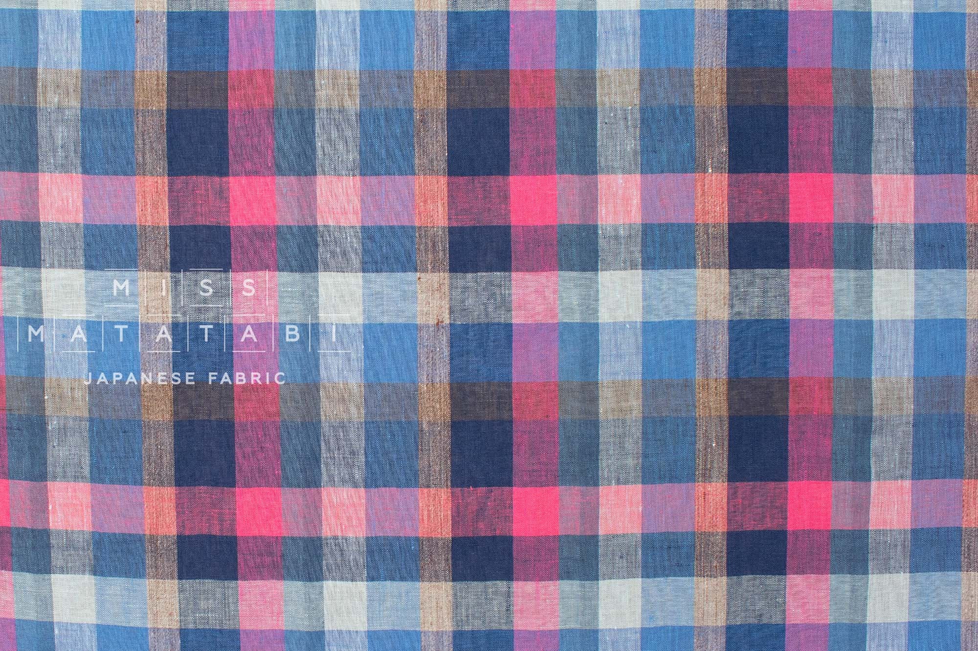 DEADSTOCK Japanese Fabric 100% Linen Check Plaid - 5 -  50cm