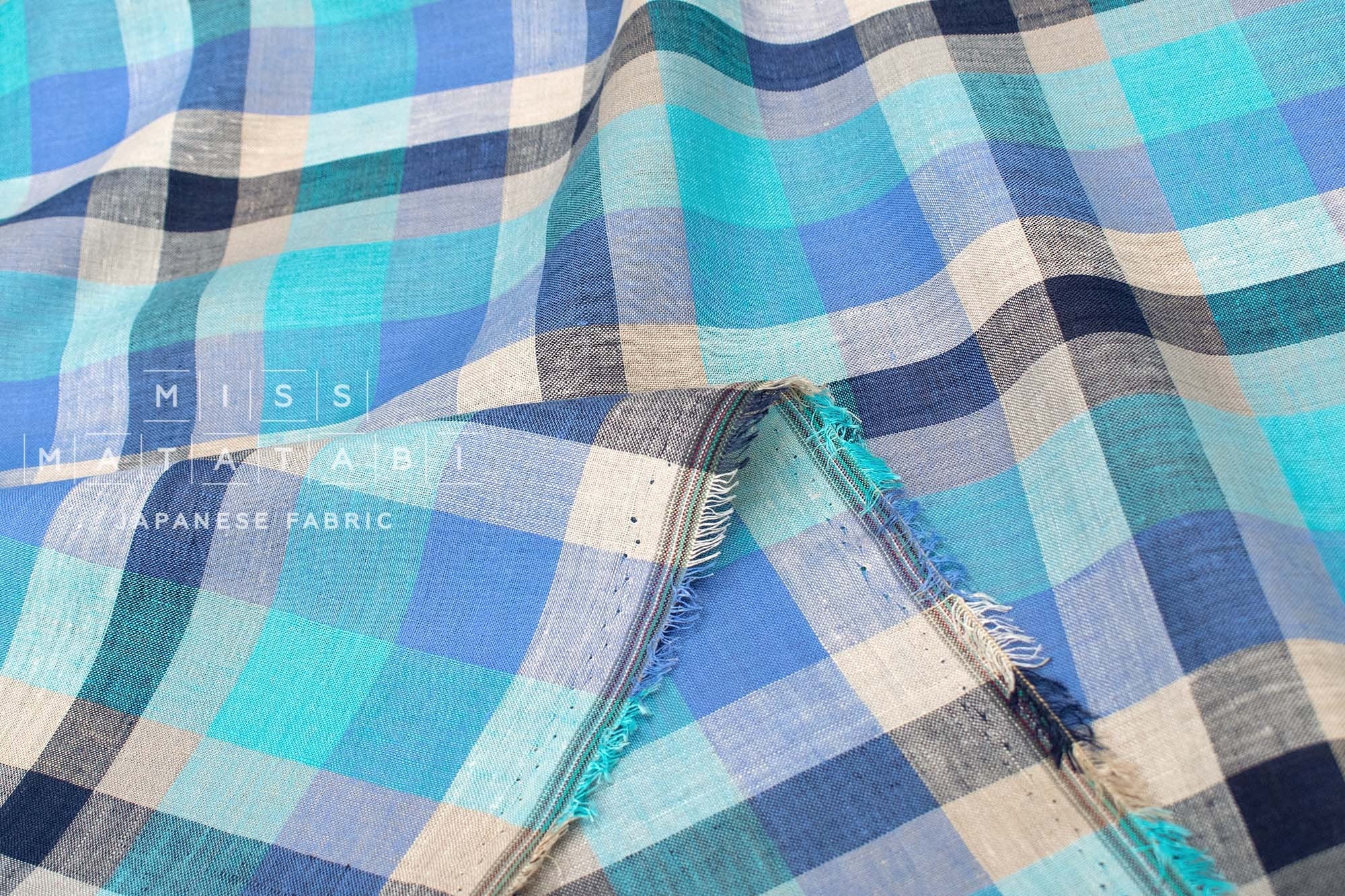 DEADSTOCK Japanese Fabric 100% Linen Check Plaid - 9 -  50cm