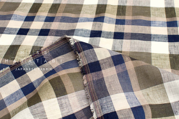 DEADSTOCK Japanese Fabric 100% Linen Check Plaid - 12 -  50cm