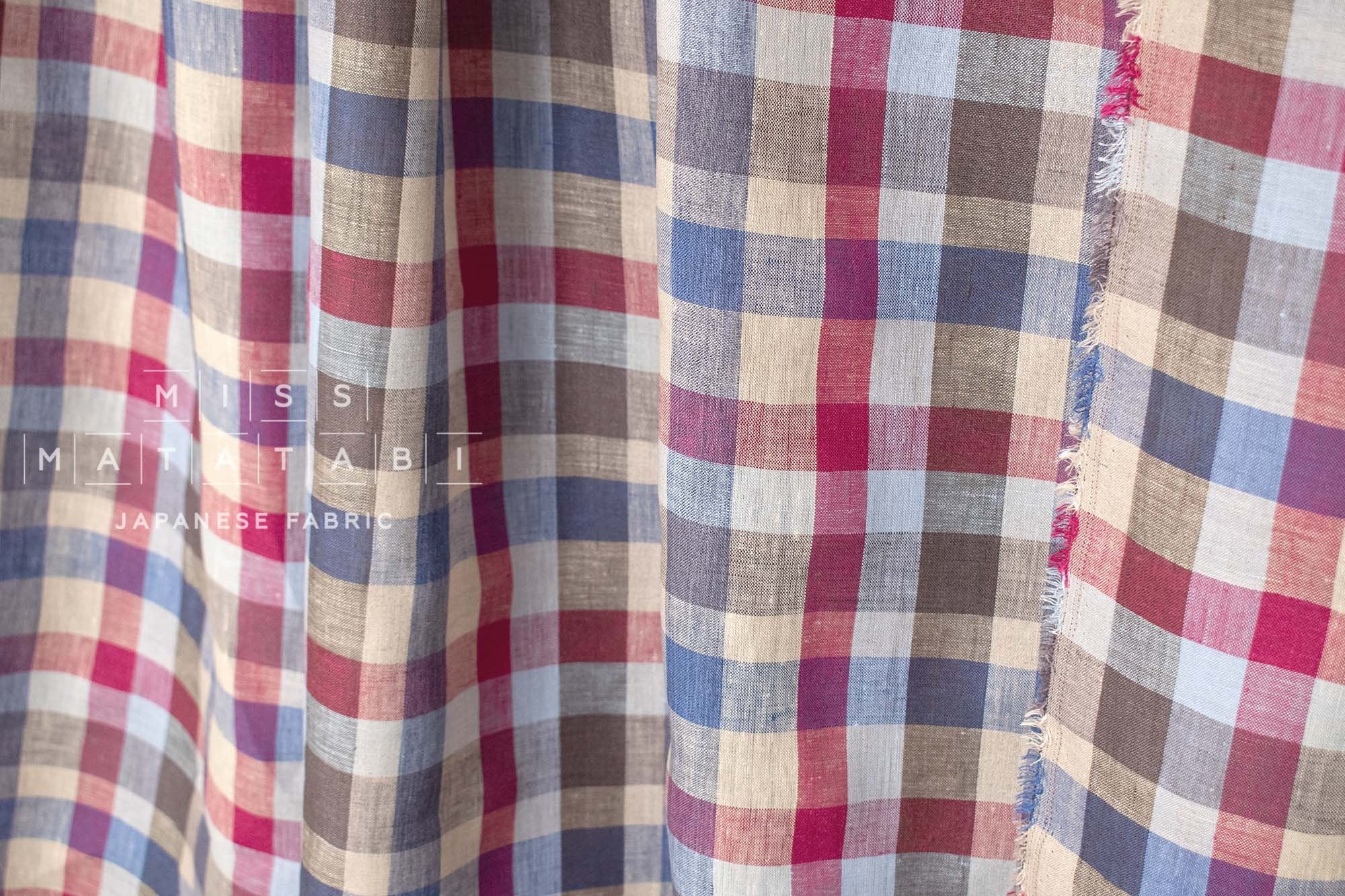 DEADSTOCK Japanese Fabric 100% Linen Check Plaid - 33 -  50cm