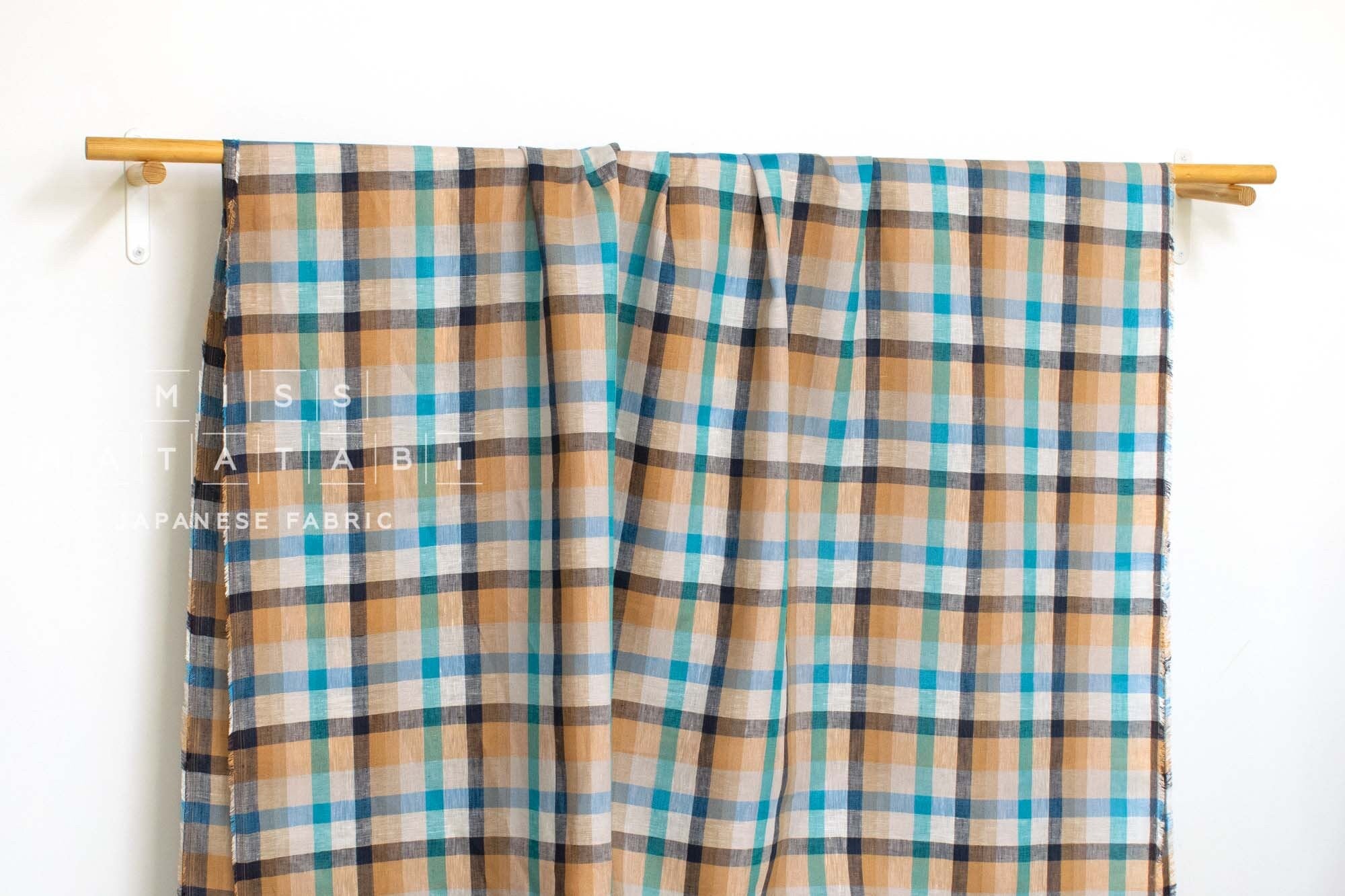 DEADSTOCK Japanese Fabric 100% Linen Check Plaid - 4 -  50cm