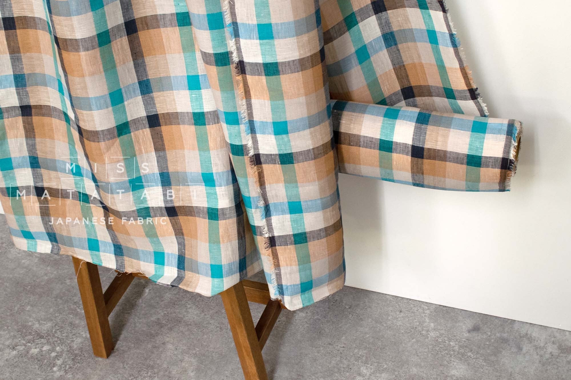 DEADSTOCK Japanese Fabric 100% Linen Check Plaid - 4 -  50cm