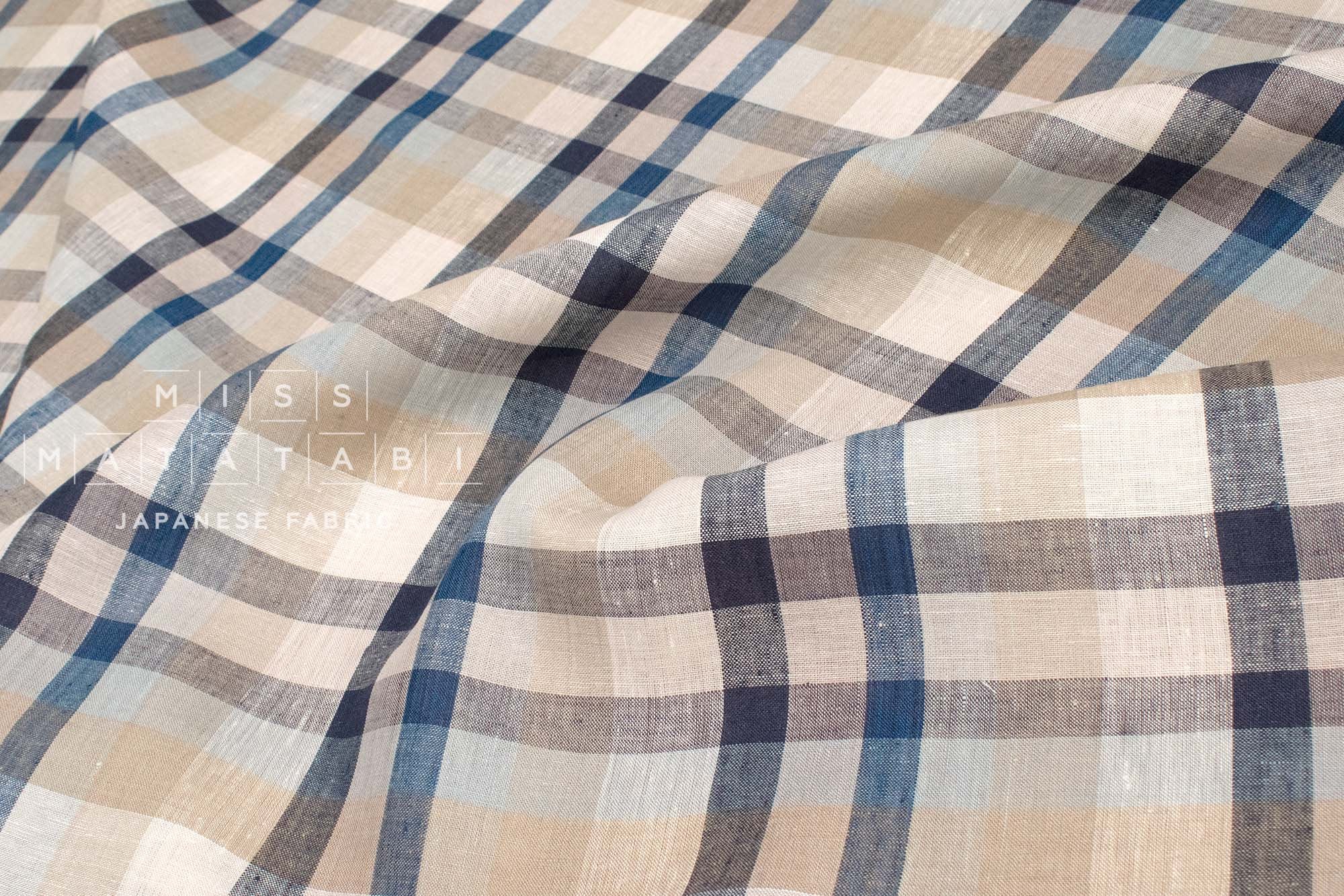 DEADSTOCK Japanese Fabric 100% Linen Check Plaid - 10 -  50cm