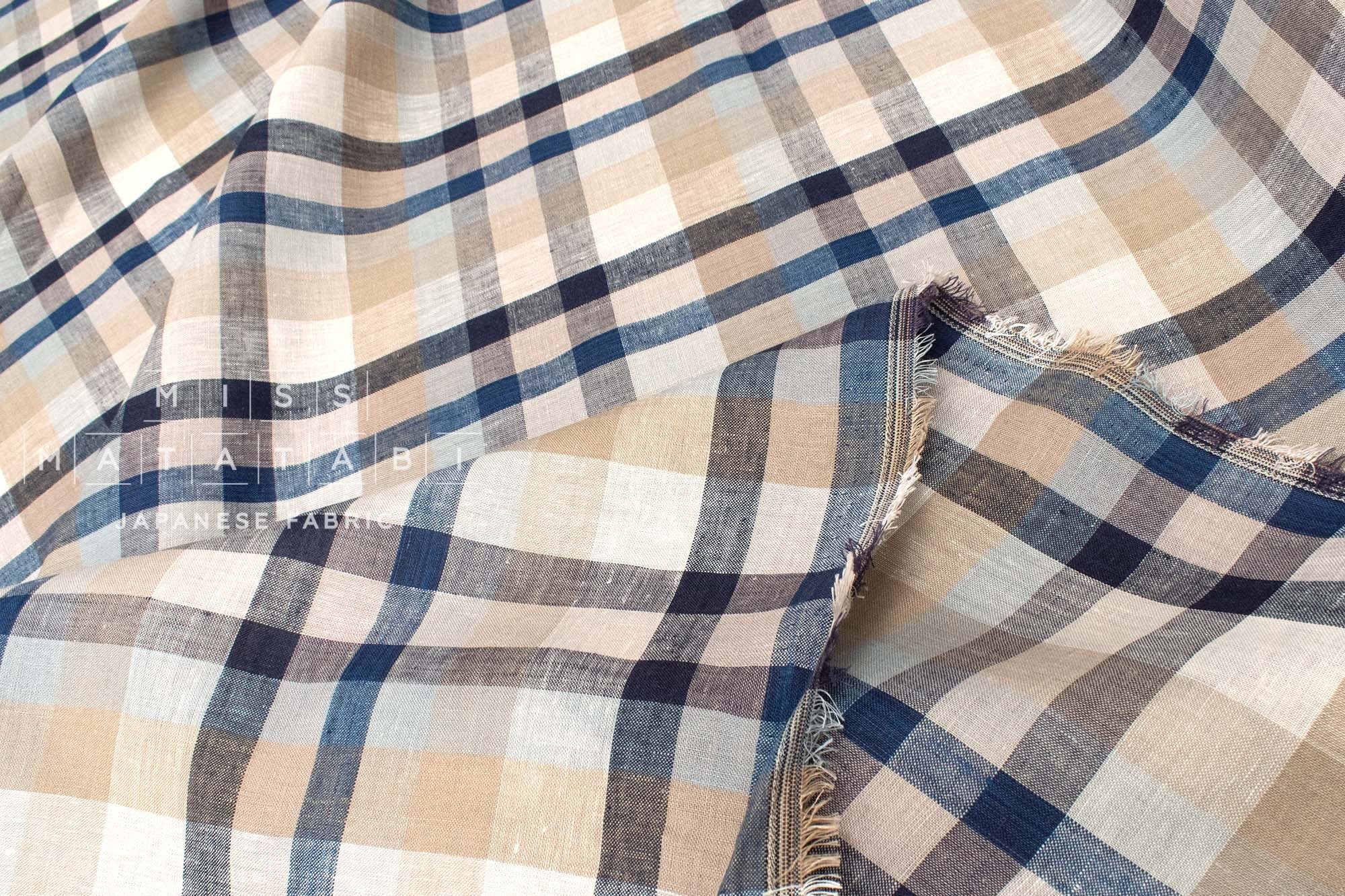DEADSTOCK Japanese Fabric 100% Linen Check Plaid - 10 -  50cm