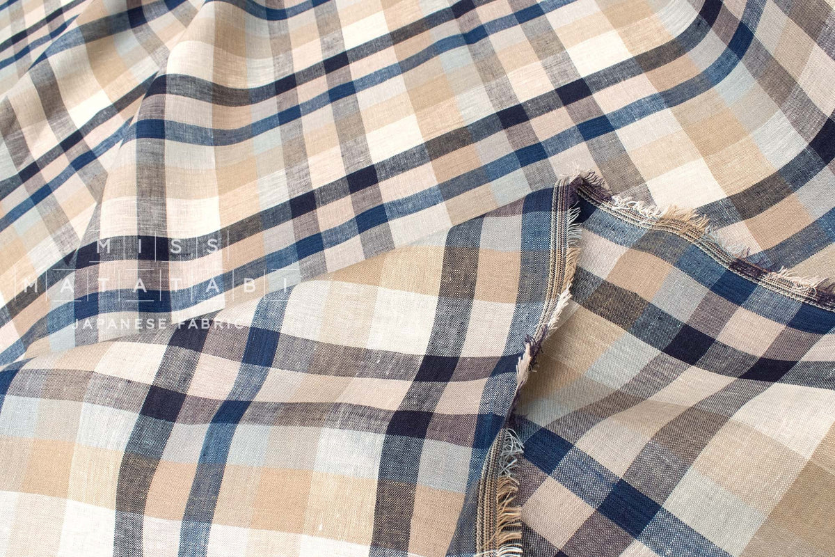 DEADSTOCK Japanese Fabric 100% Linen Check Plaid - 10 -  50cm