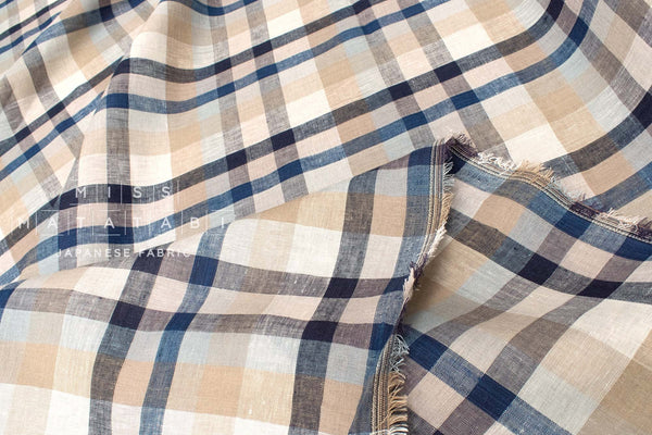 DEADSTOCK Japanese Fabric 100% Linen Check Plaid - 10 -  50cm