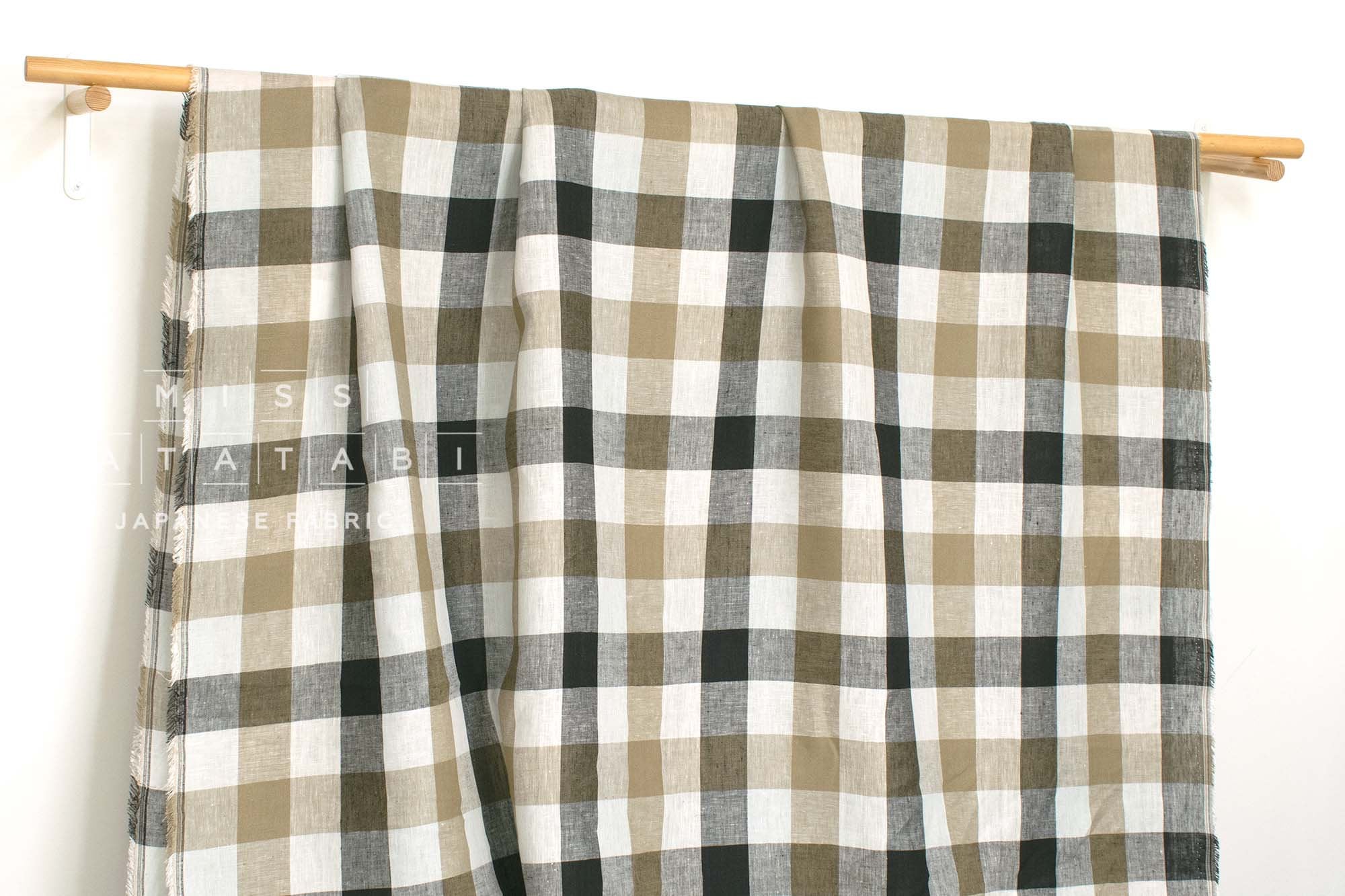 DEADSTOCK Japanese Fabric 100% Linen Check Plaid - 49 -  50cm