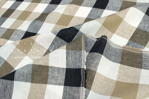 DEADSTOCK Japanese Fabric 100% Linen Check Plaid - 49 -  50cm