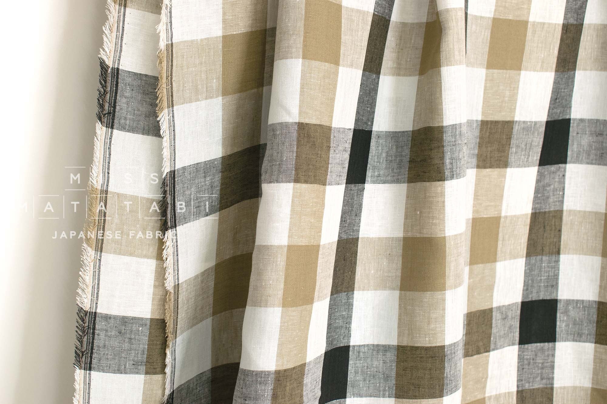 DEADSTOCK Japanese Fabric 100% Linen Check Plaid - 49 -  50cm
