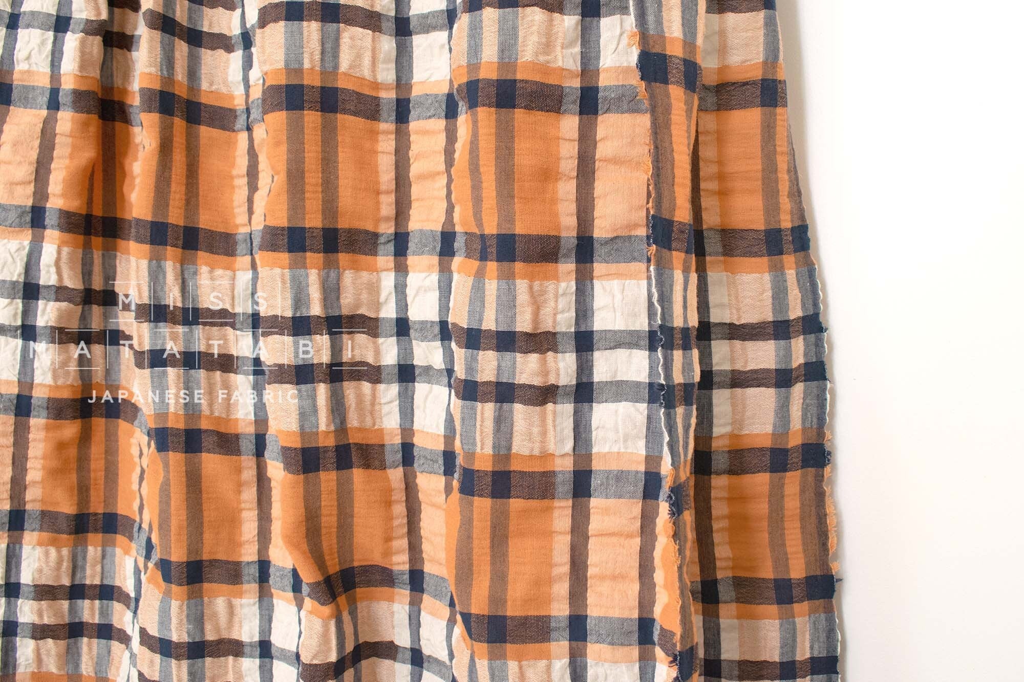 Japanese Fabric Shokunin Collection Linen Blend Yarn-Dyed Plaid - orange and blue - 50cm