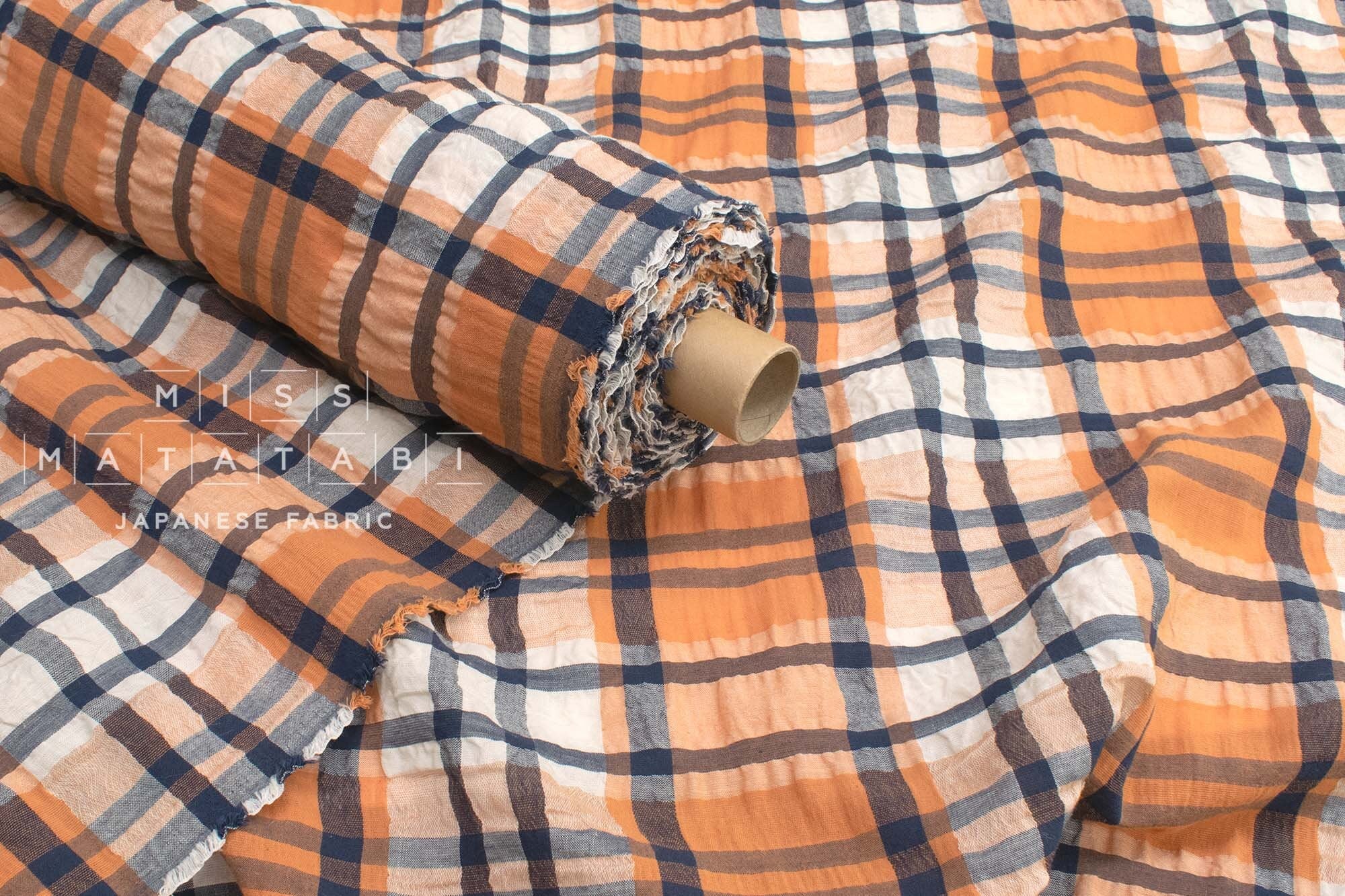 Japanese Fabric Shokunin Collection Linen Blend Yarn-Dyed Plaid - orange and blue - 50cm