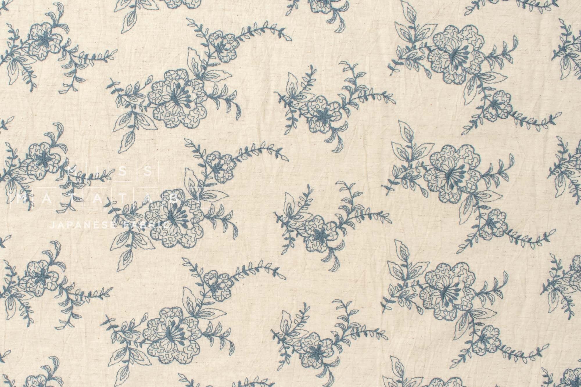 Japanese Fabric Shokunin Collection Yarn-Dyed Embroidered Linen Blend - cream - 50cm