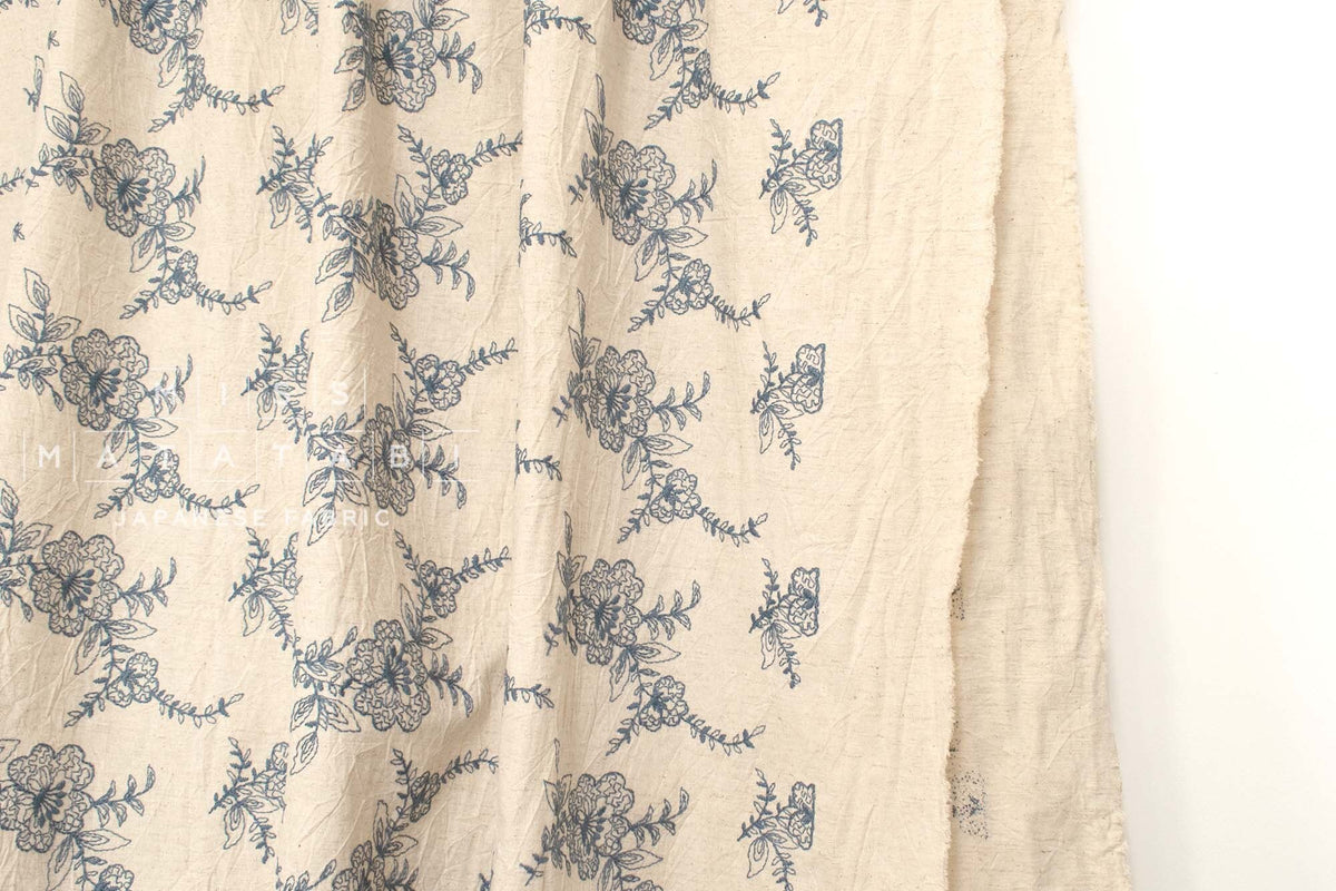 Japanese Fabric Shokunin Collection Yarn-Dyed Embroidered Linen Blend - cream - 50cm