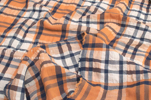 Japanese Fabric Shokunin Collection Linen Blend Yarn-Dyed Plaid - orange and blue - 50cm