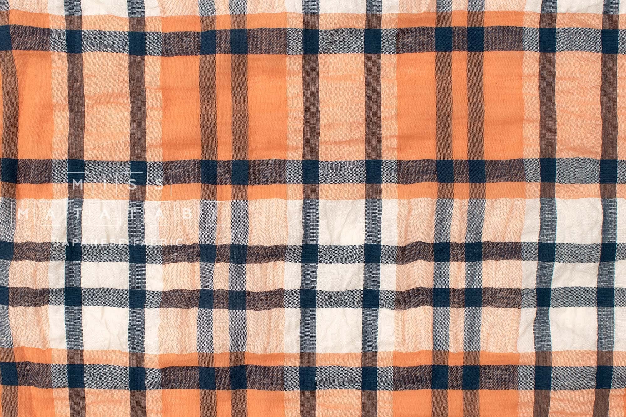 Japanese Fabric Shokunin Collection Linen Blend Yarn-Dyed Plaid - orange and blue - 50cm