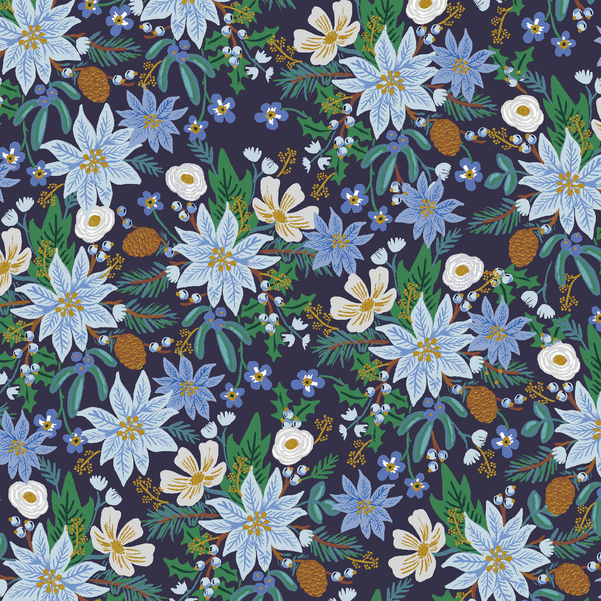 PRE-ORDER Cotton + Steel Rifle Paper Co. Holiday Classics Poinsettia Bouquet - navy metallic - 50cm