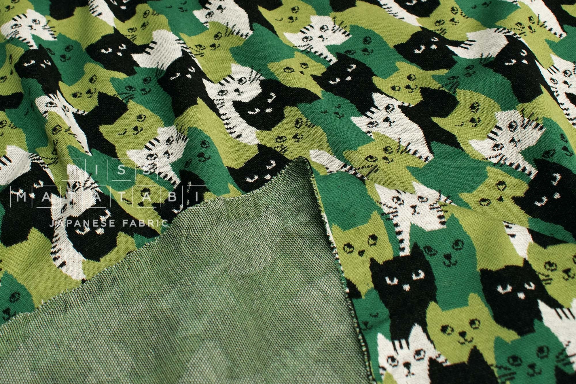Japanese Fabric Kitty Kitty Interlock Knit - green, black - 50cm