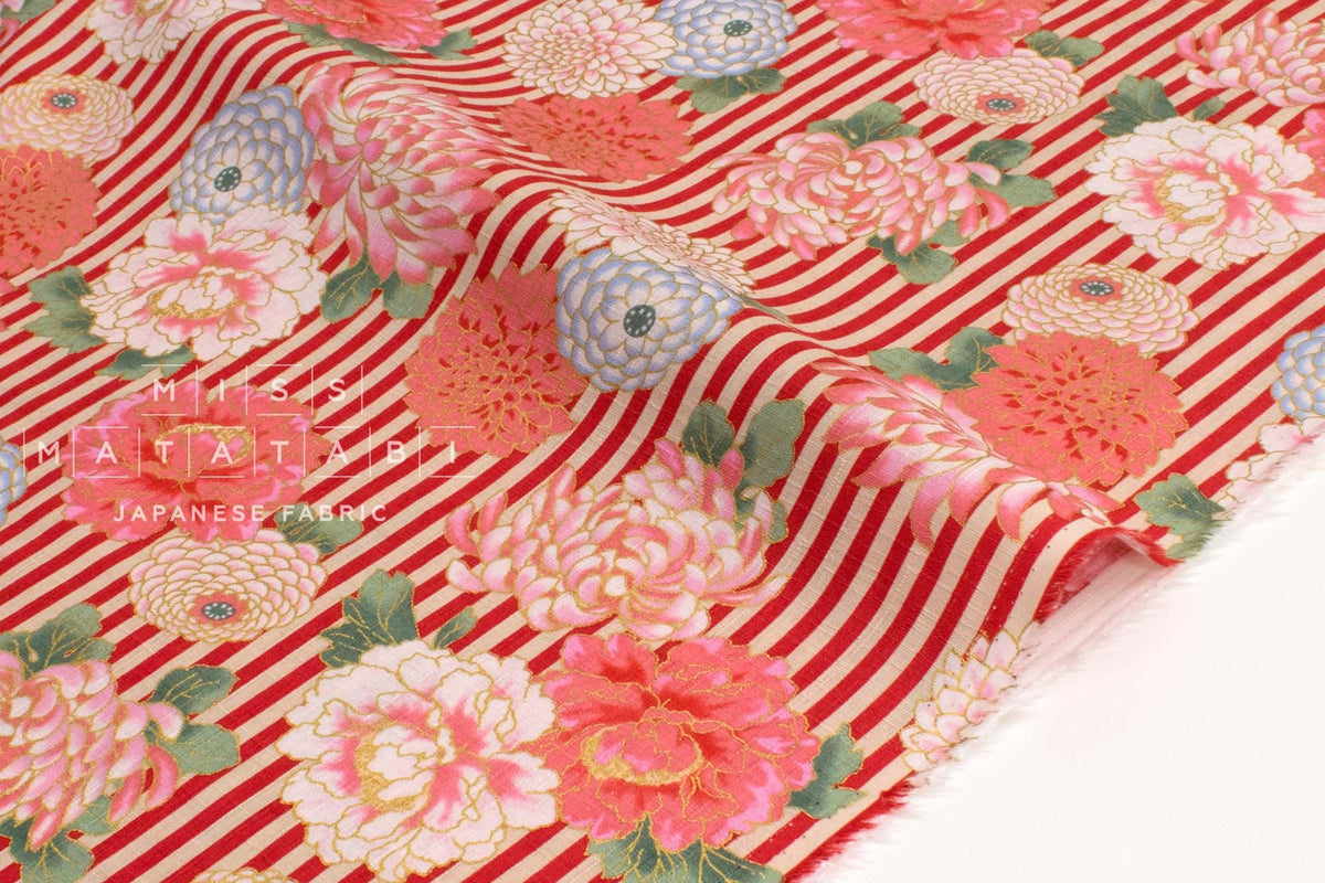 Japanese Fabric Metallic Gold Peony - red, pink, gold - 50cm