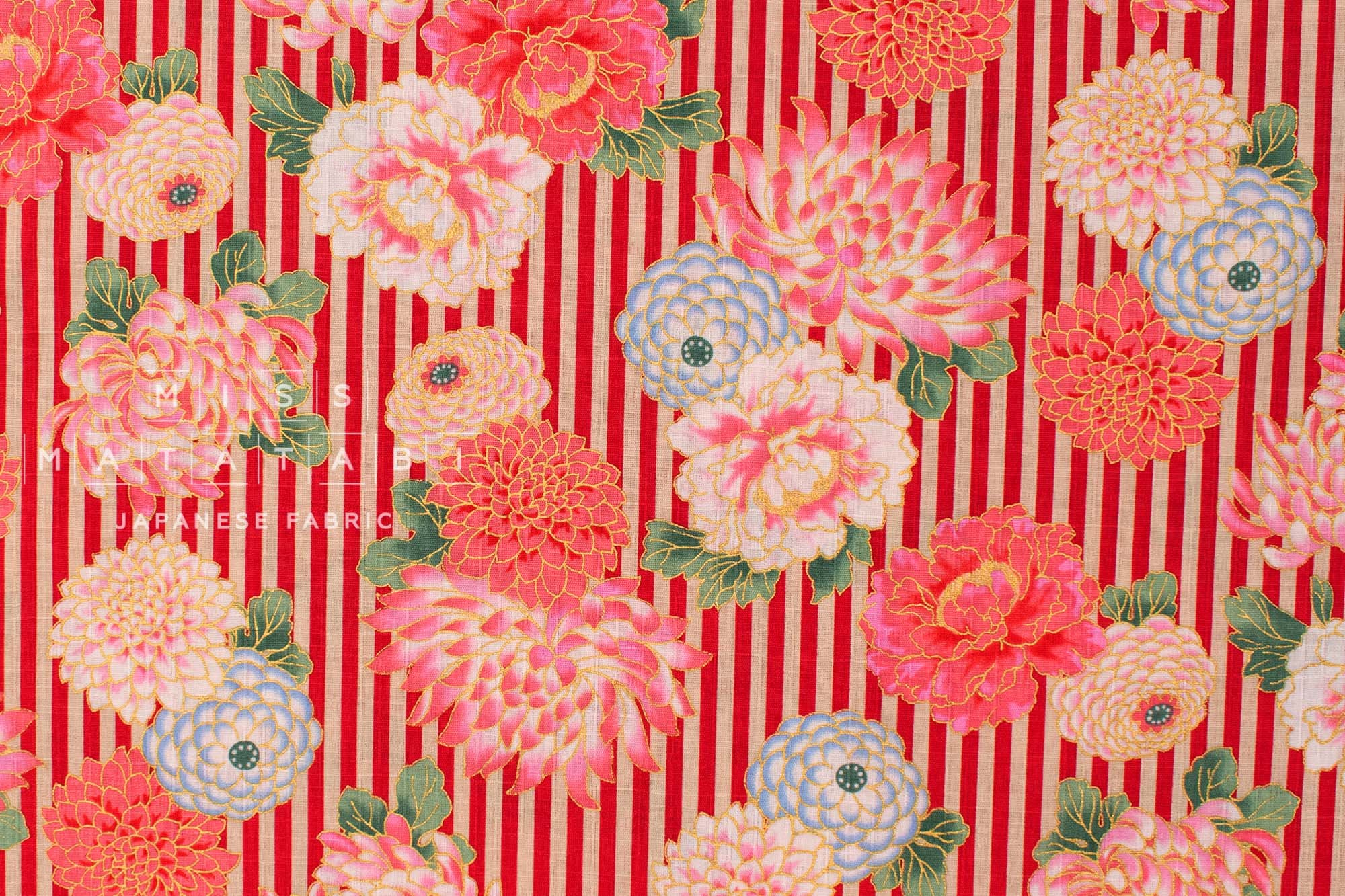 Japanese Fabric Metallic Gold Peony - red, pink, gold - 50cm